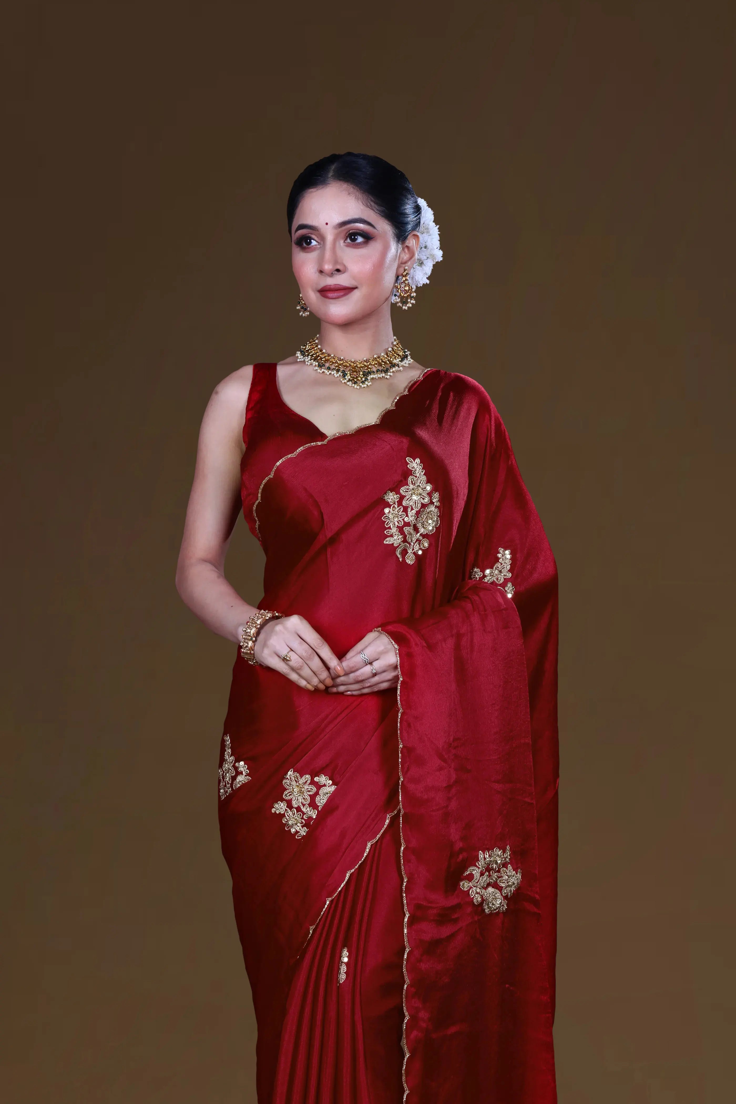 Red Crepe Satin Saree With Blouse Piece