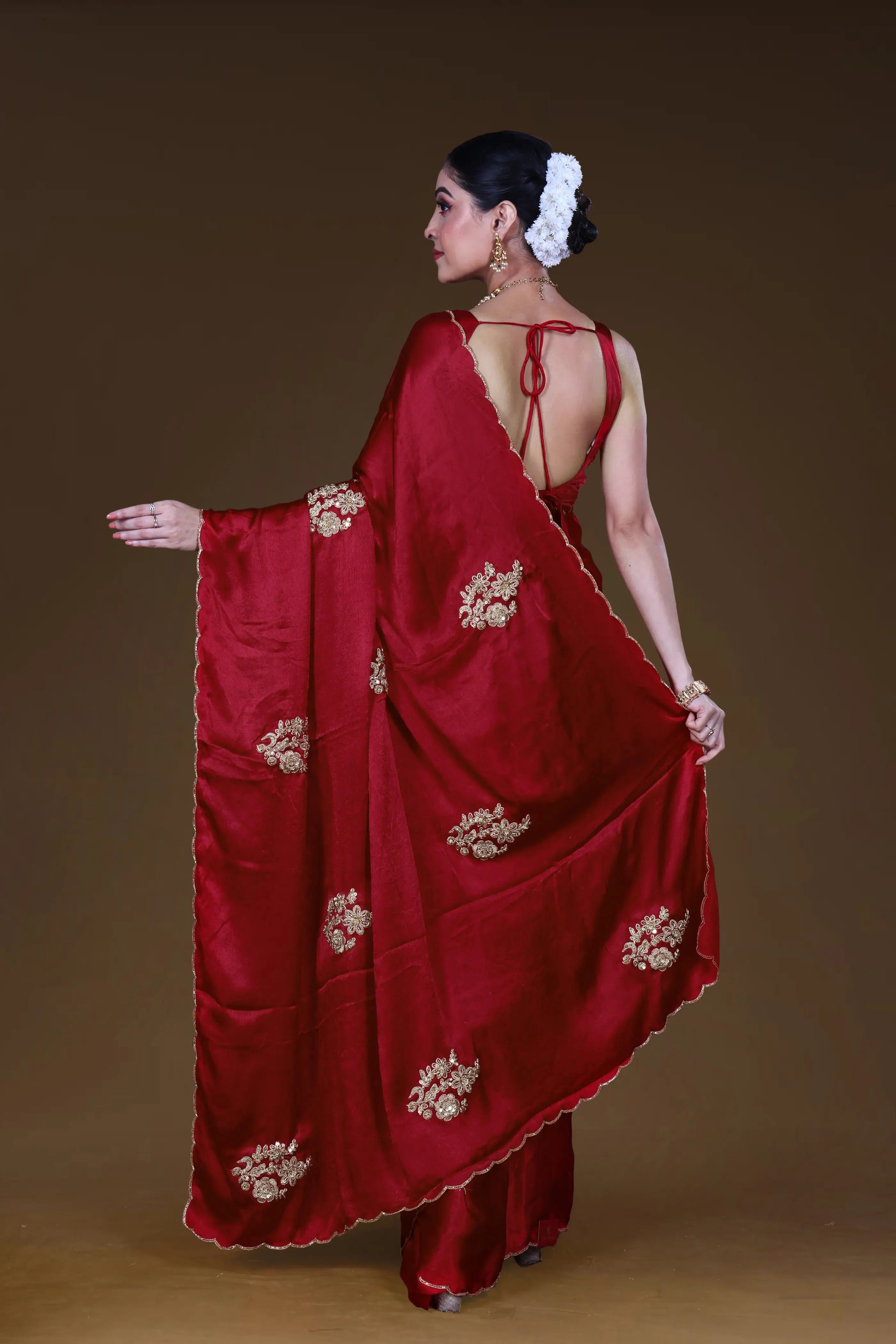 Red Crepe Satin Saree With Blouse Piece