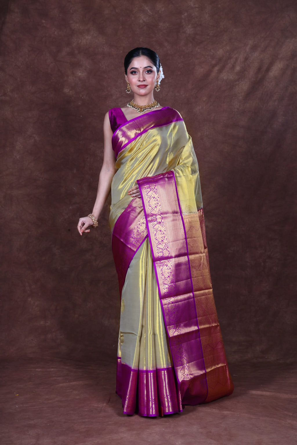 Beige Tissue Kanjivaram Saree With Blouse Piece