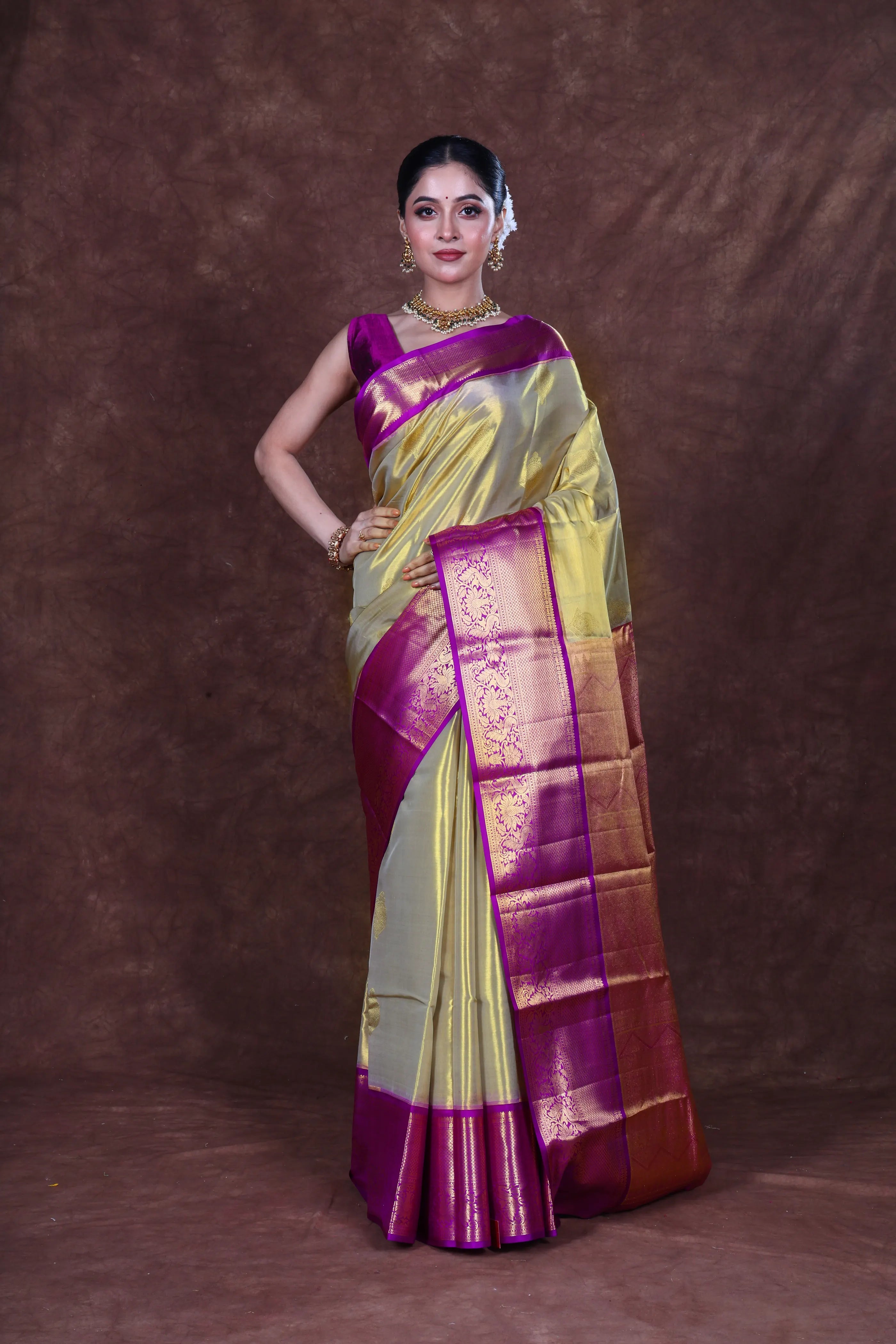 Beige Tissue Kanjivaram Saree With Blouse Piece