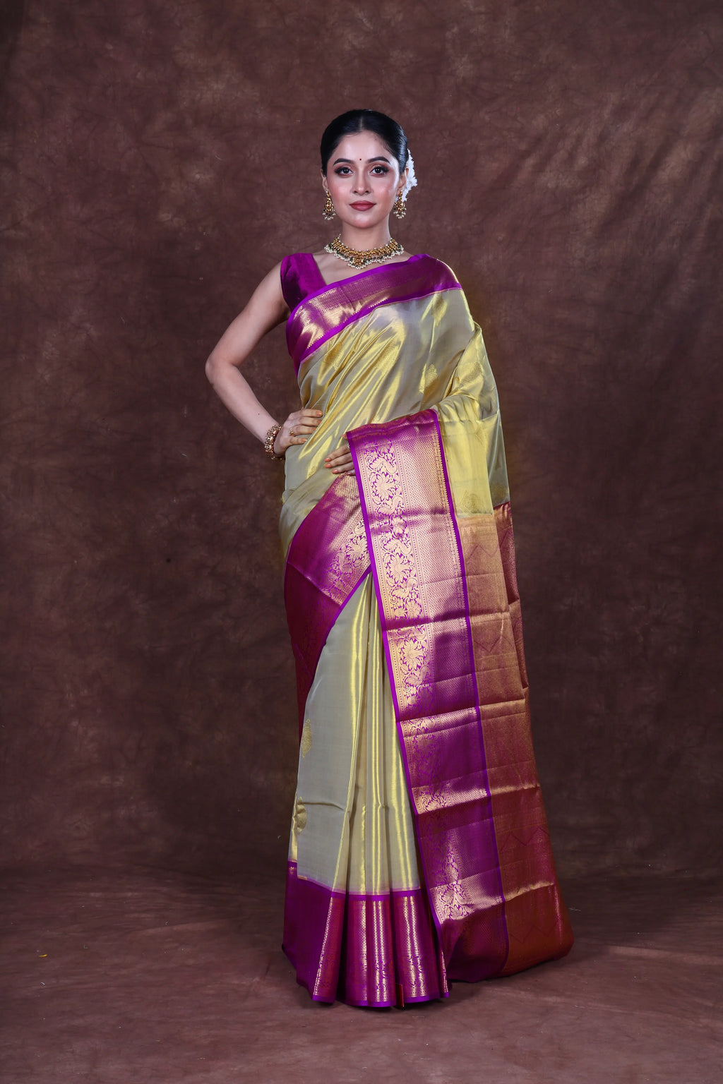 Beige Tissue Kanjivaram Saree With Blouse Piece