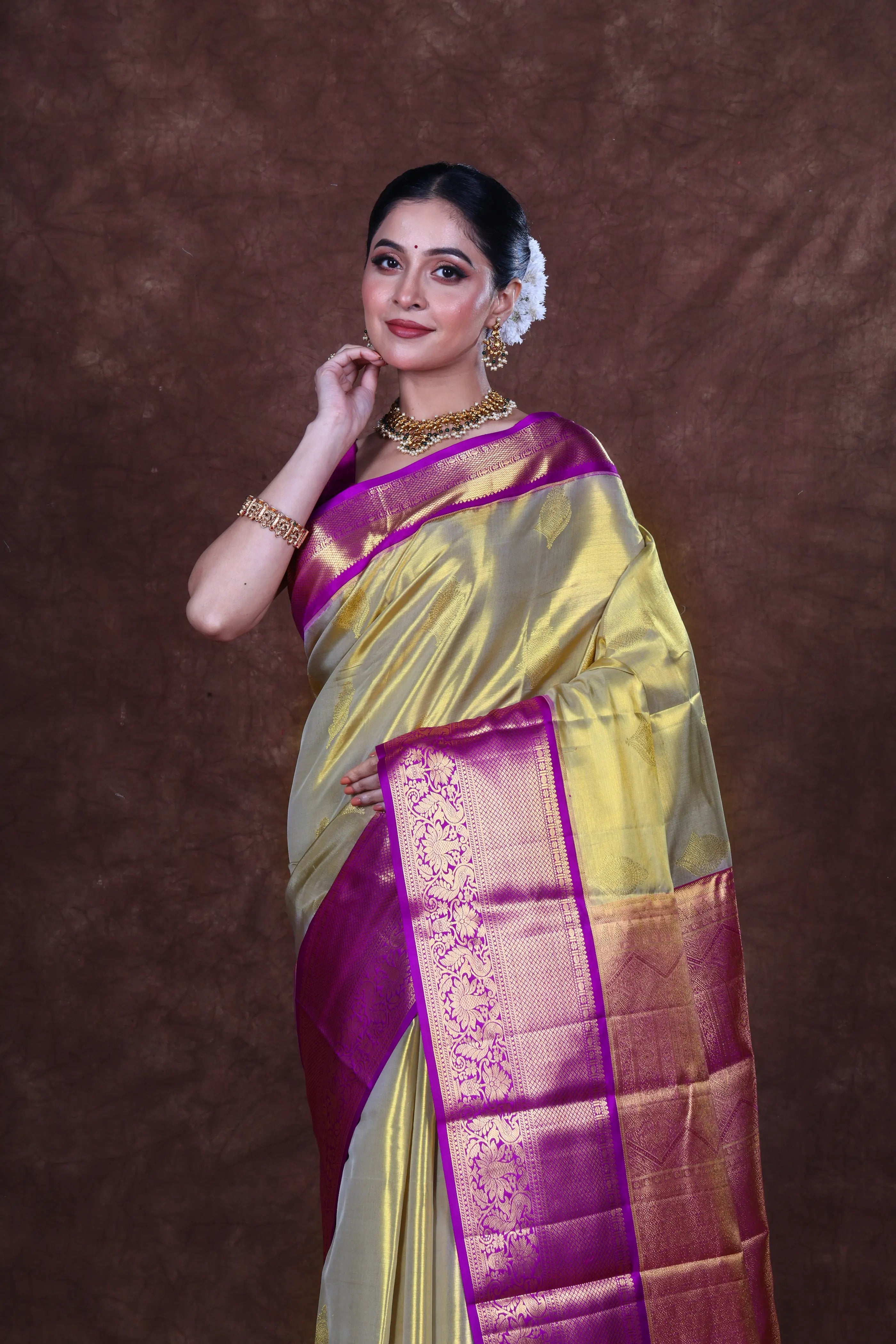 Beige Tissue Kanjivaram Saree With Blouse Piece