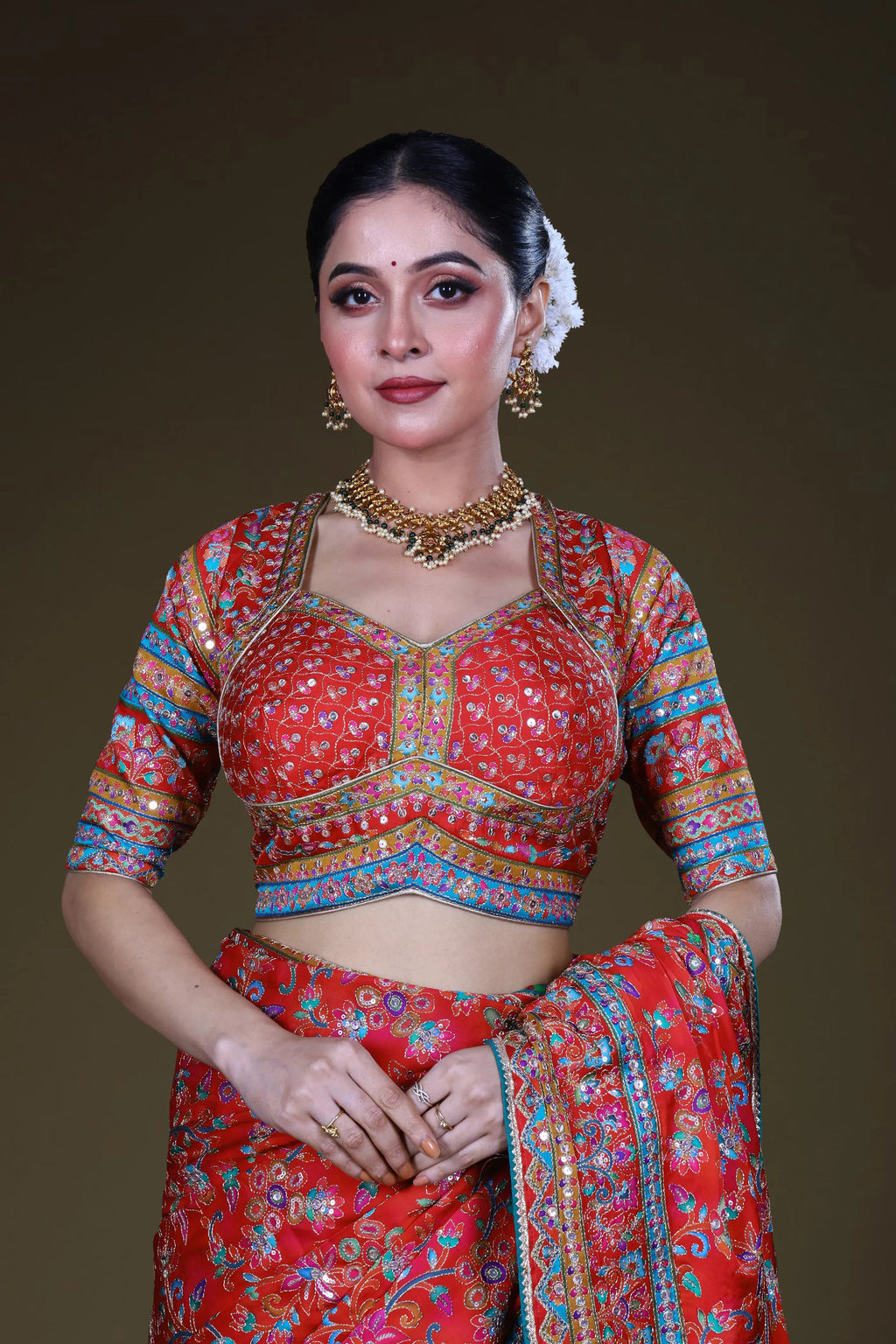 Red & Rani Crepe Satin Saree With Blouse Piece