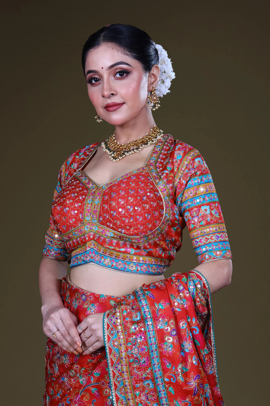 Red & Rani Crepe Satin Saree With Blouse Piece