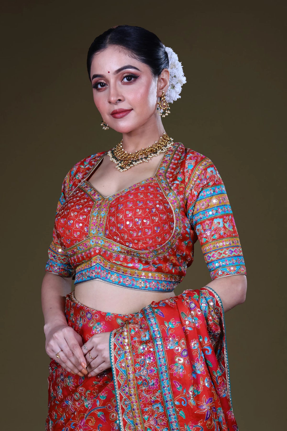 Red & Rani Crepe Satin Saree With Blouse Piece