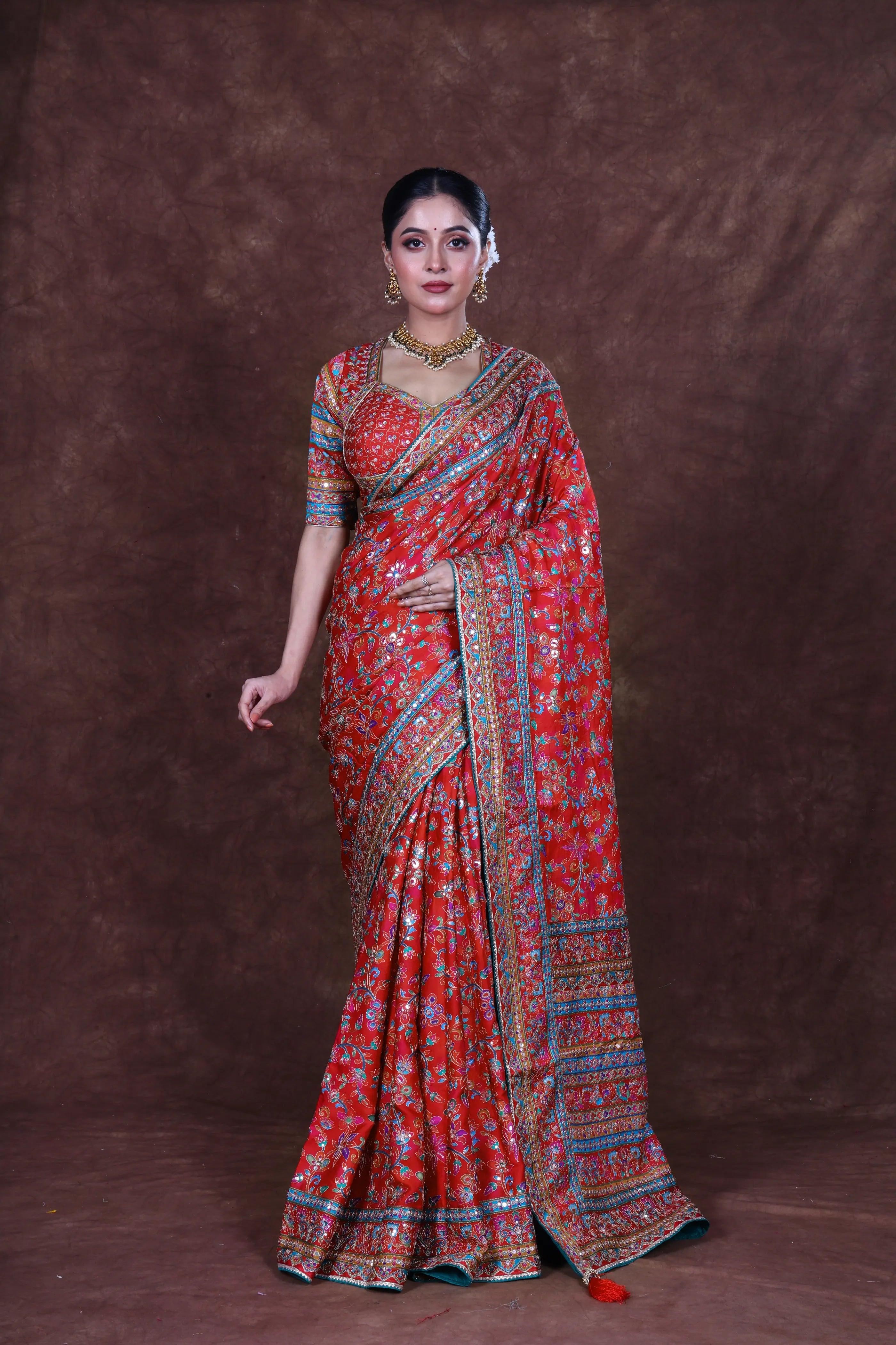 Red & Rani Crepe Satin Saree With Blouse Piece