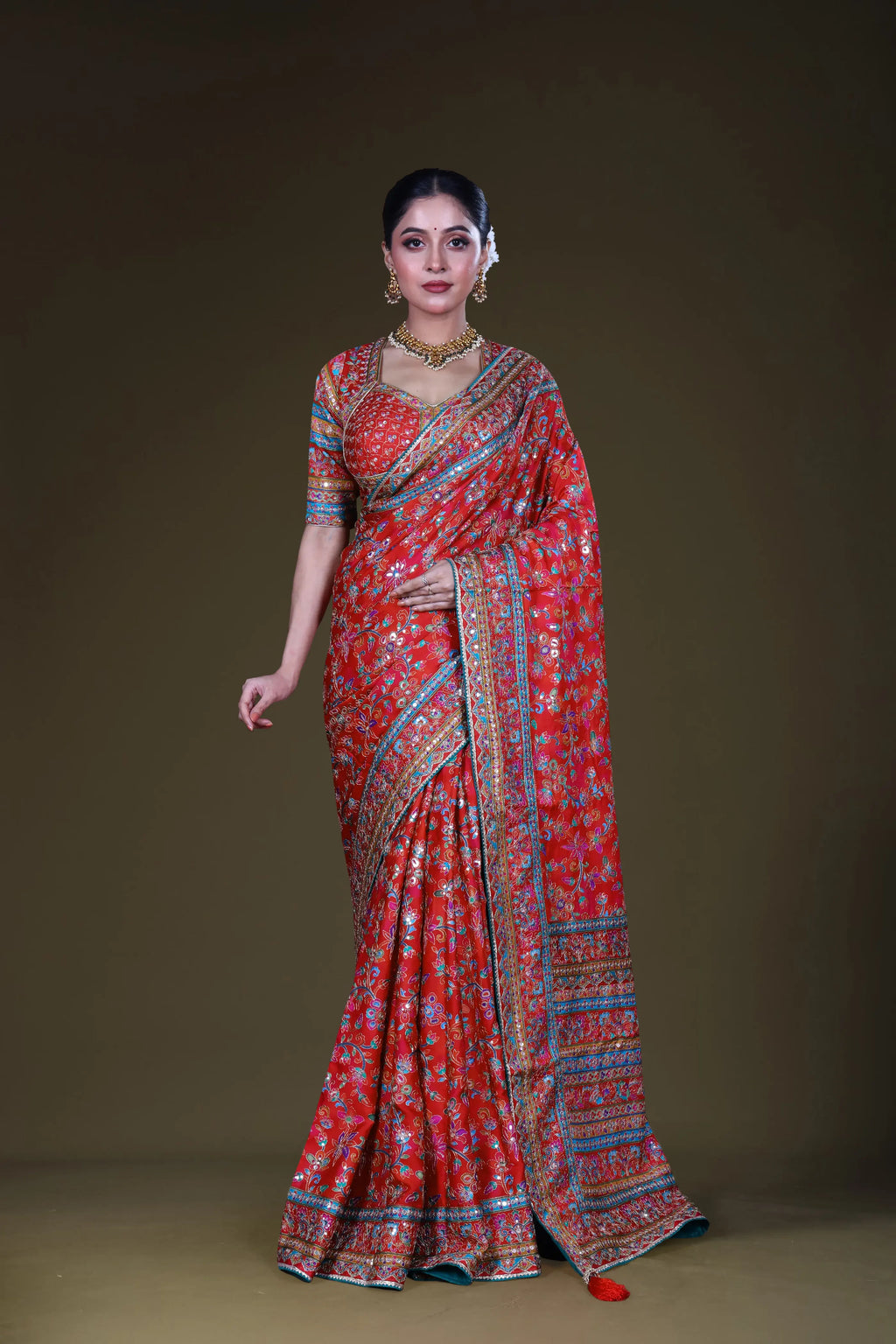 Red & Rani Crepe Satin Saree With Blouse Piece