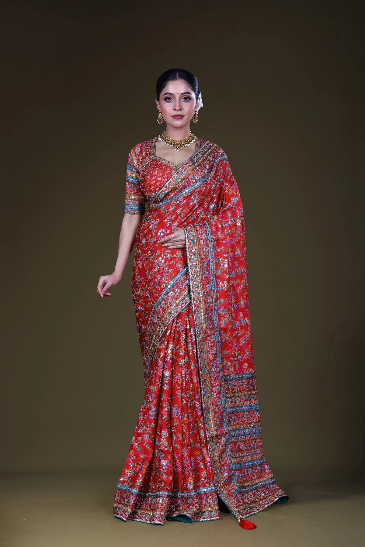 Red & Rani Crepe Satin Saree With Blouse Piece
