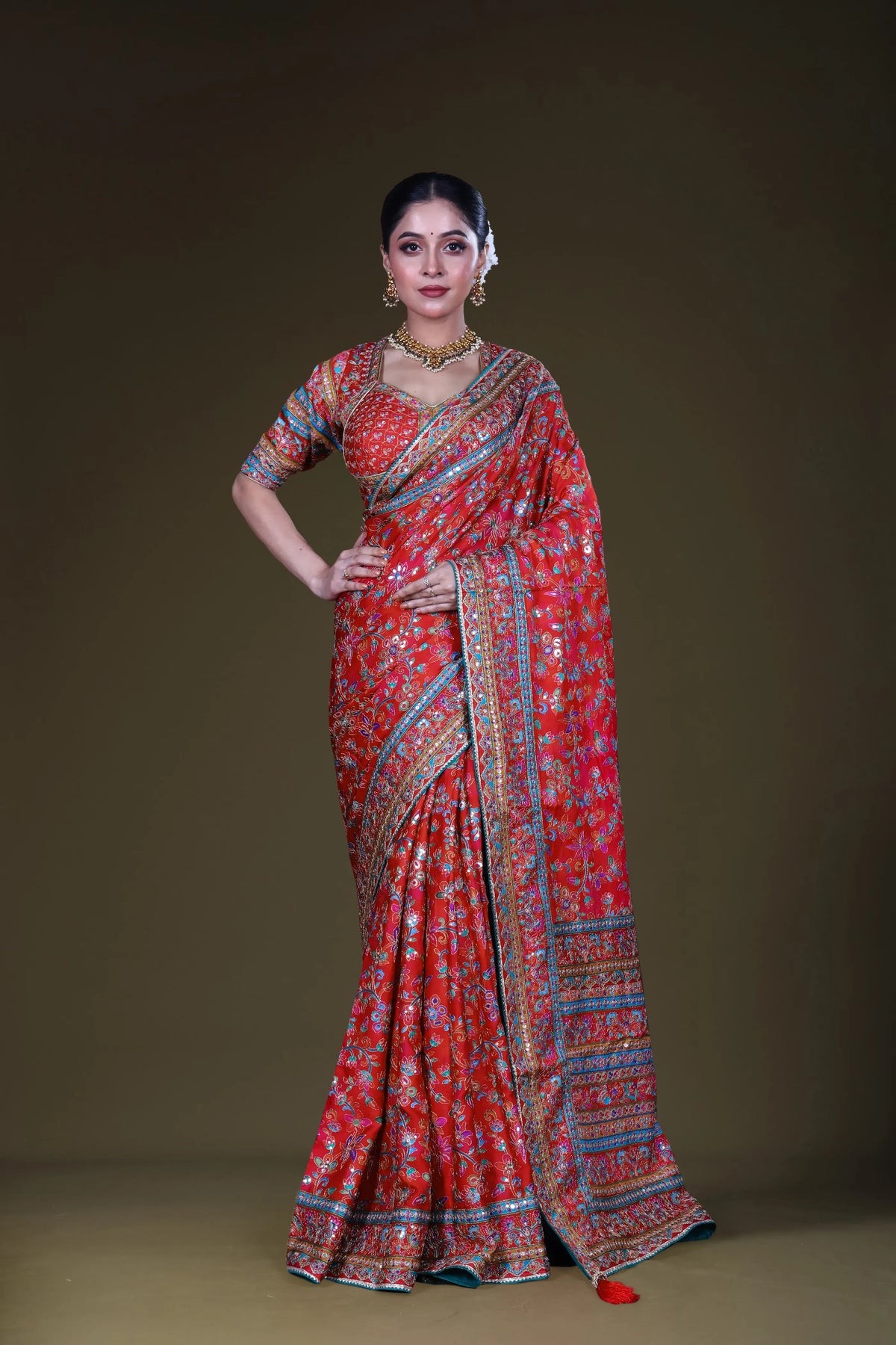 Red & Rani Crepe Satin Saree With Blouse Piece