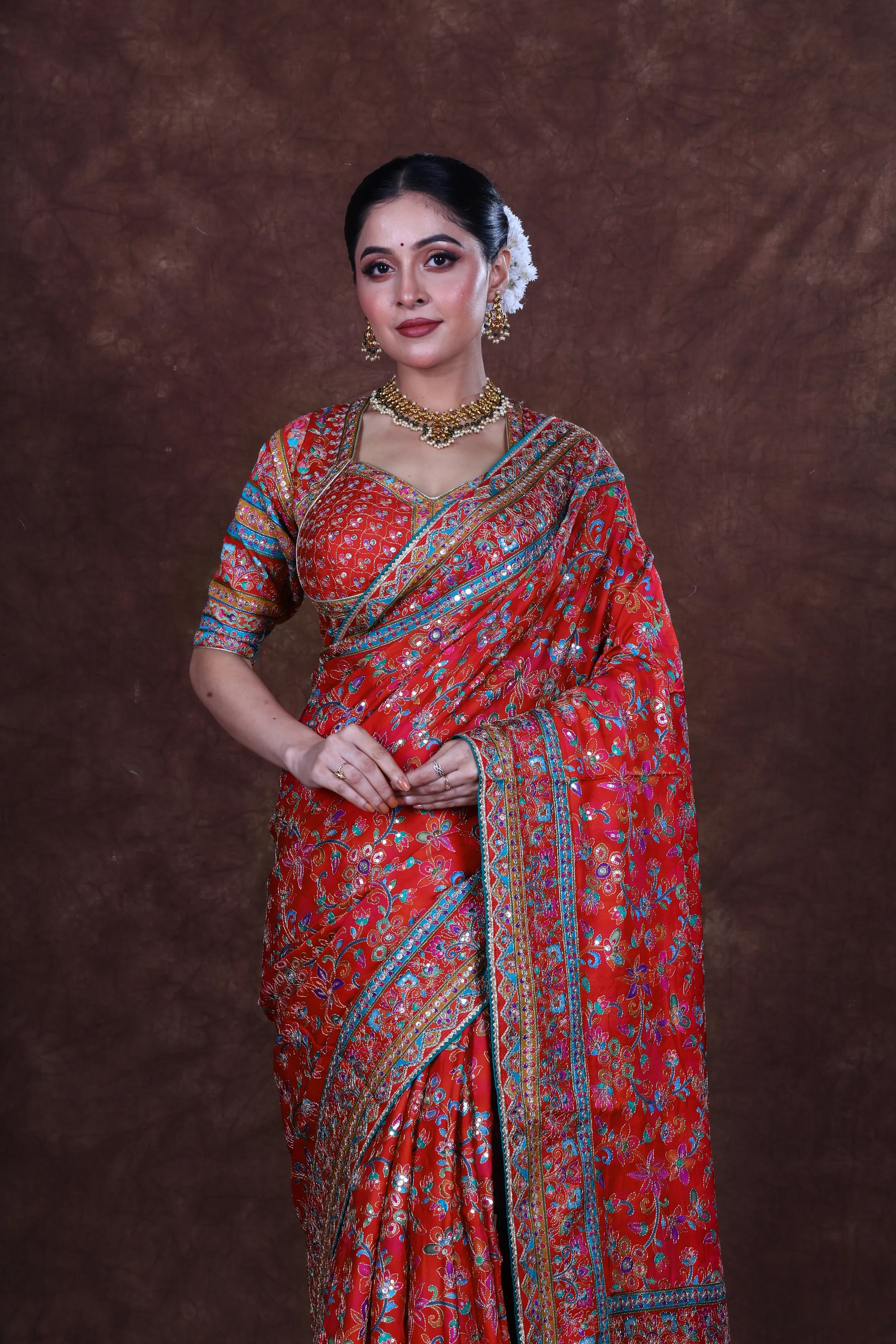 Red & Rani Crepe Satin Saree With Blouse Piece