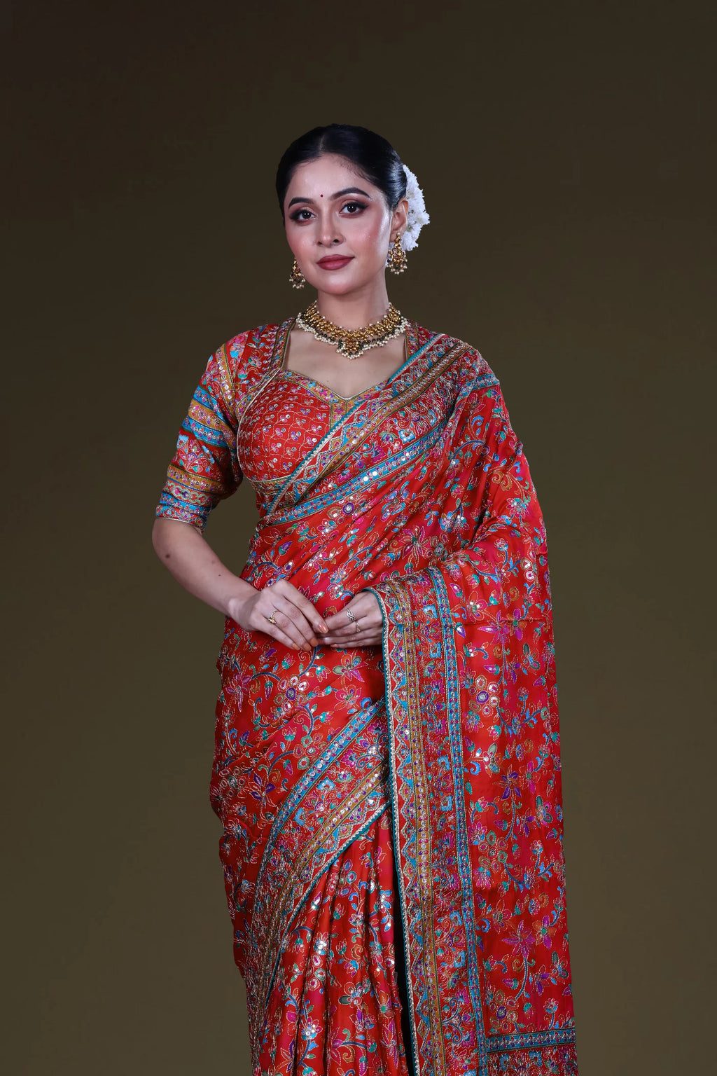 Red & Rani Crepe Satin Saree With Blouse Piece