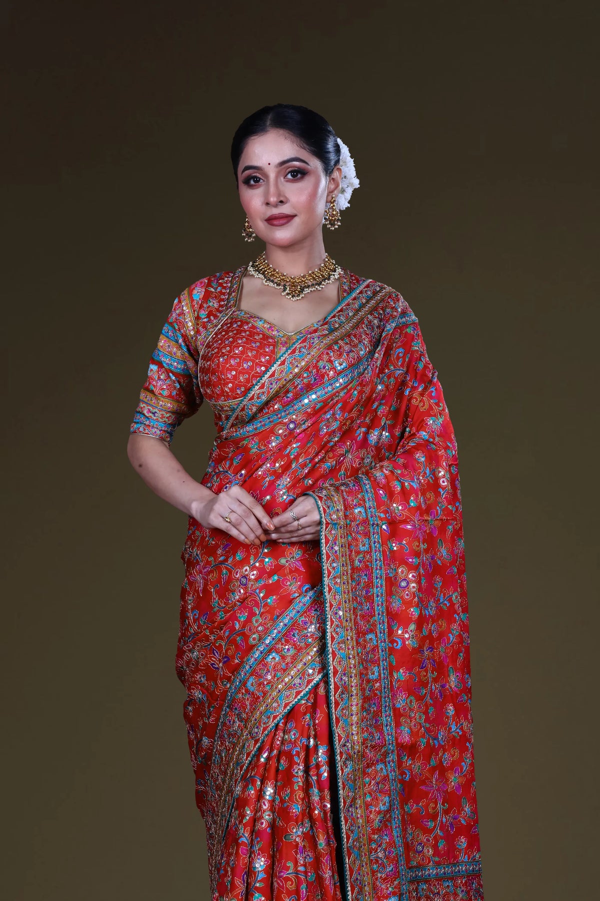 Red & Rani Crepe Satin Saree With Blouse Piece