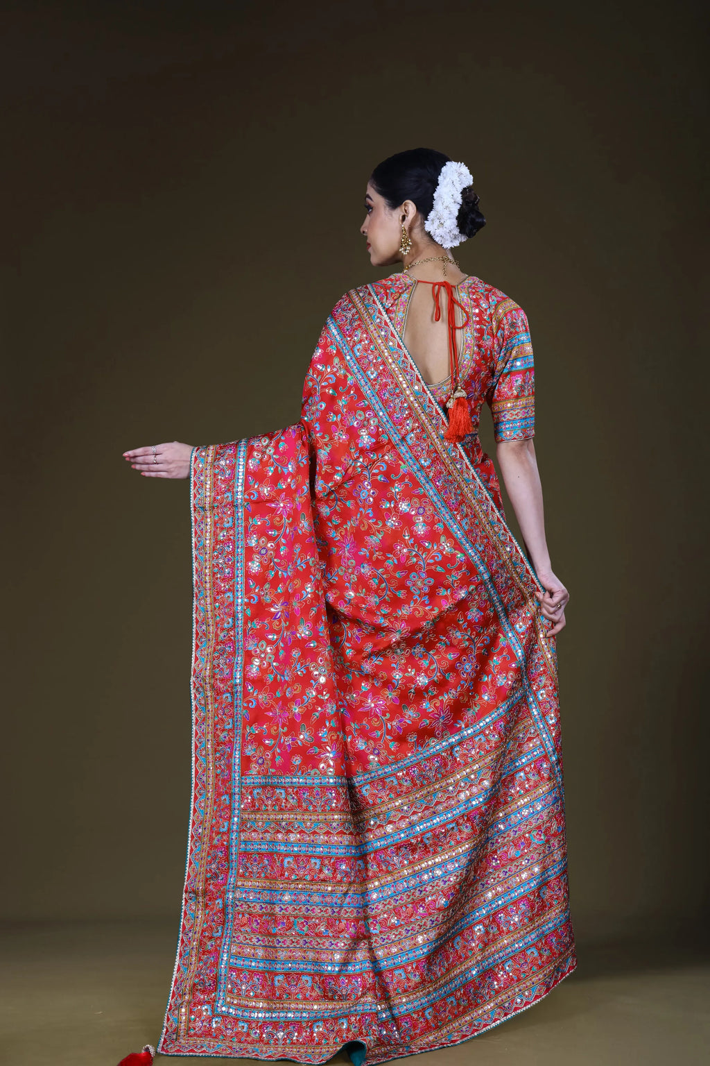 Red & Rani Crepe Satin Saree With Blouse Piece
