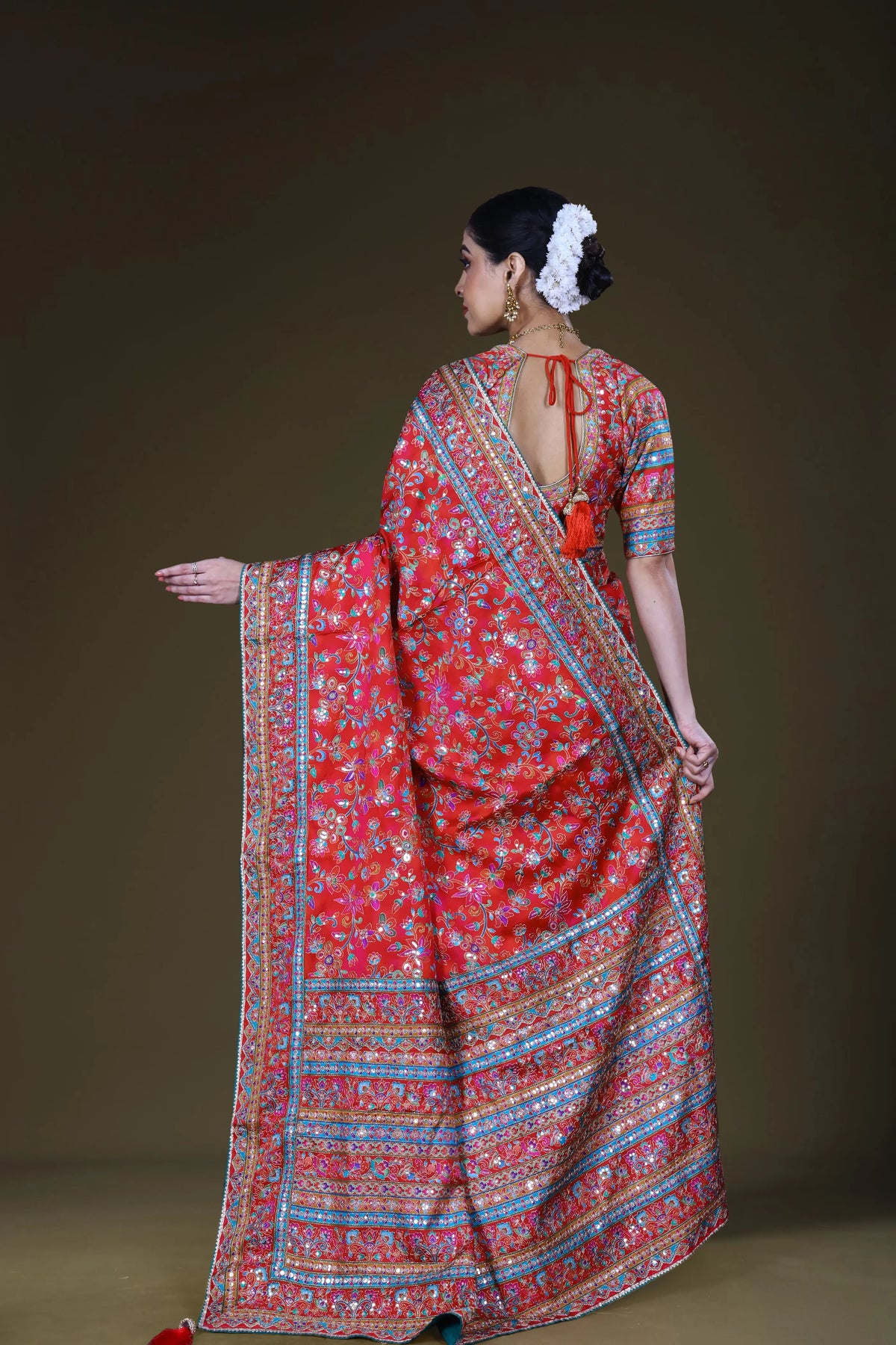 Red & Rani Crepe Satin Saree With Blouse Piece