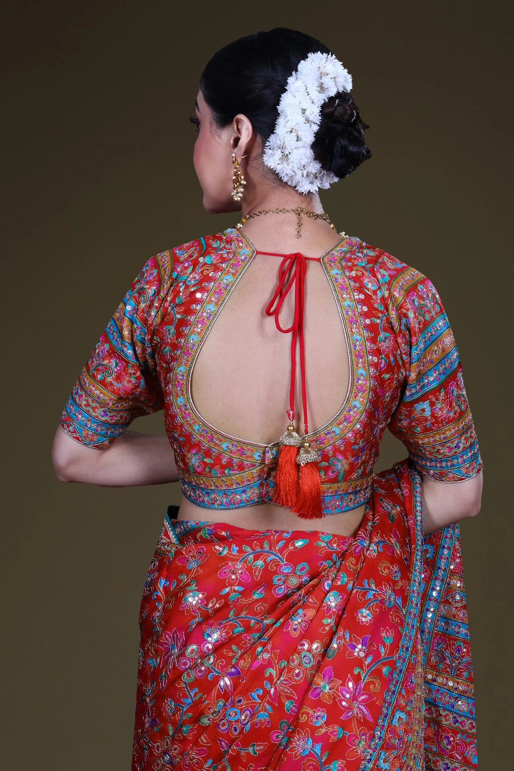 Red & Rani Crepe Satin Saree With Blouse Piece