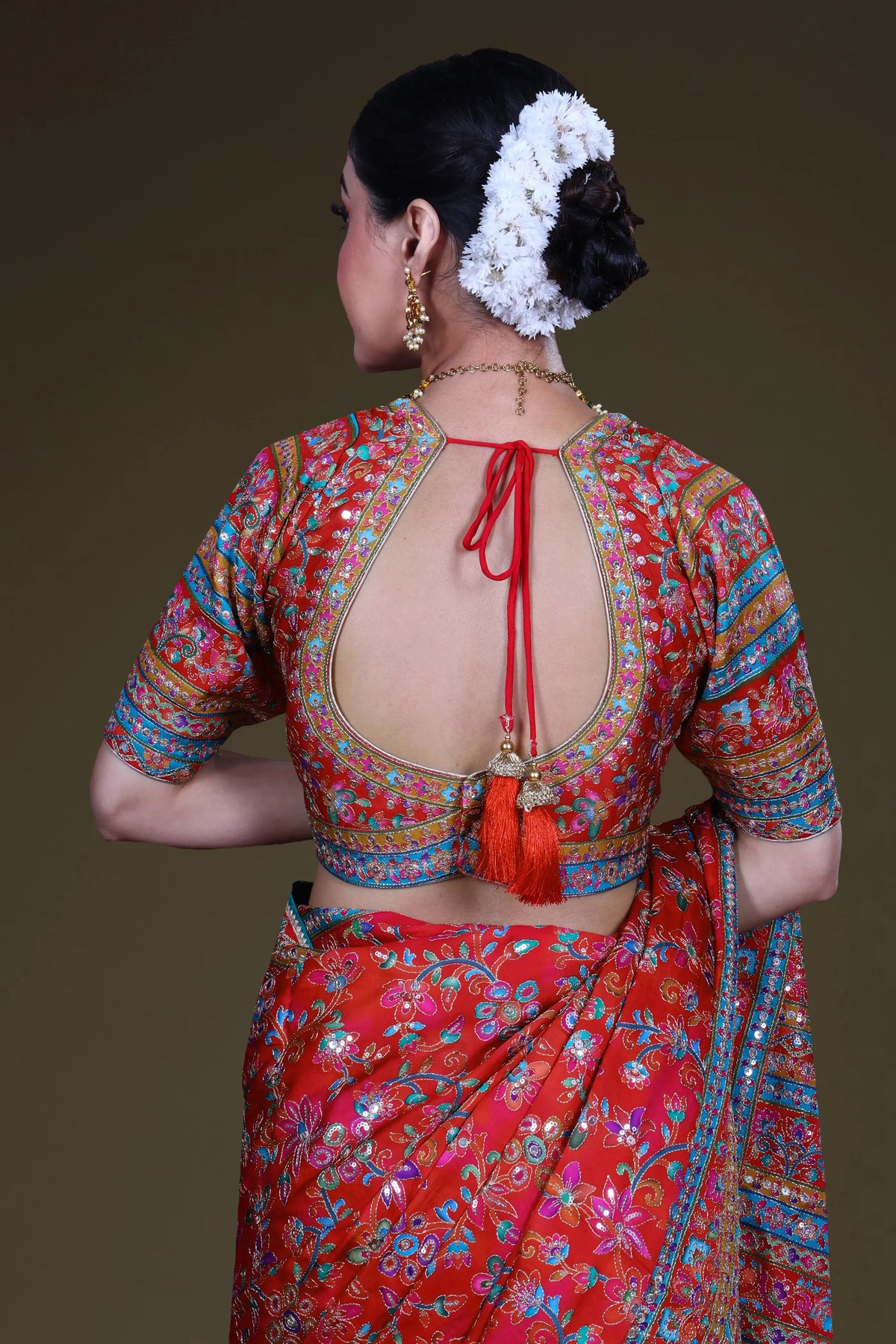 Red & Rani Crepe Satin Saree With Blouse Piece