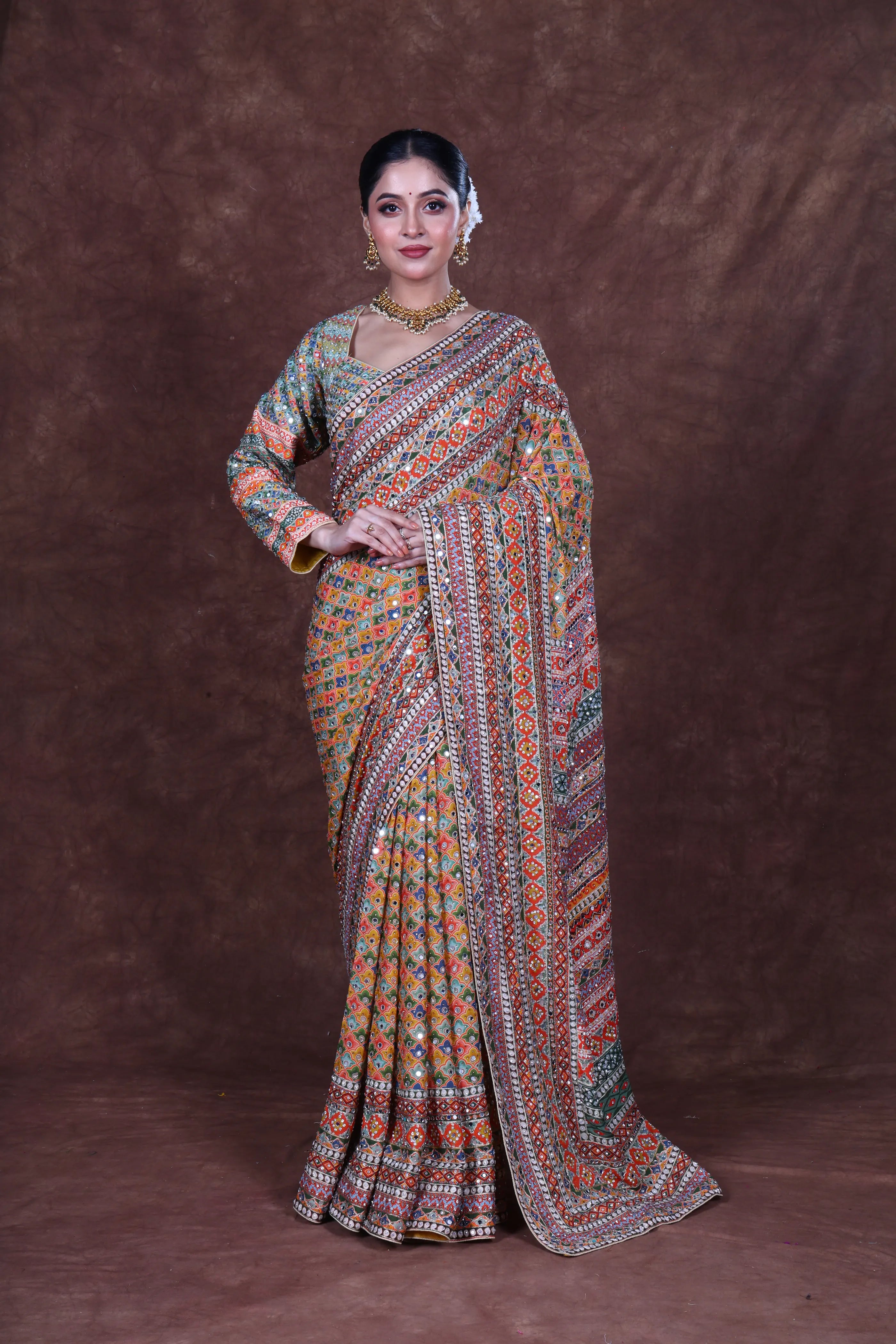 Yellow Multicolor Chiffon Saree With Blouse Piece