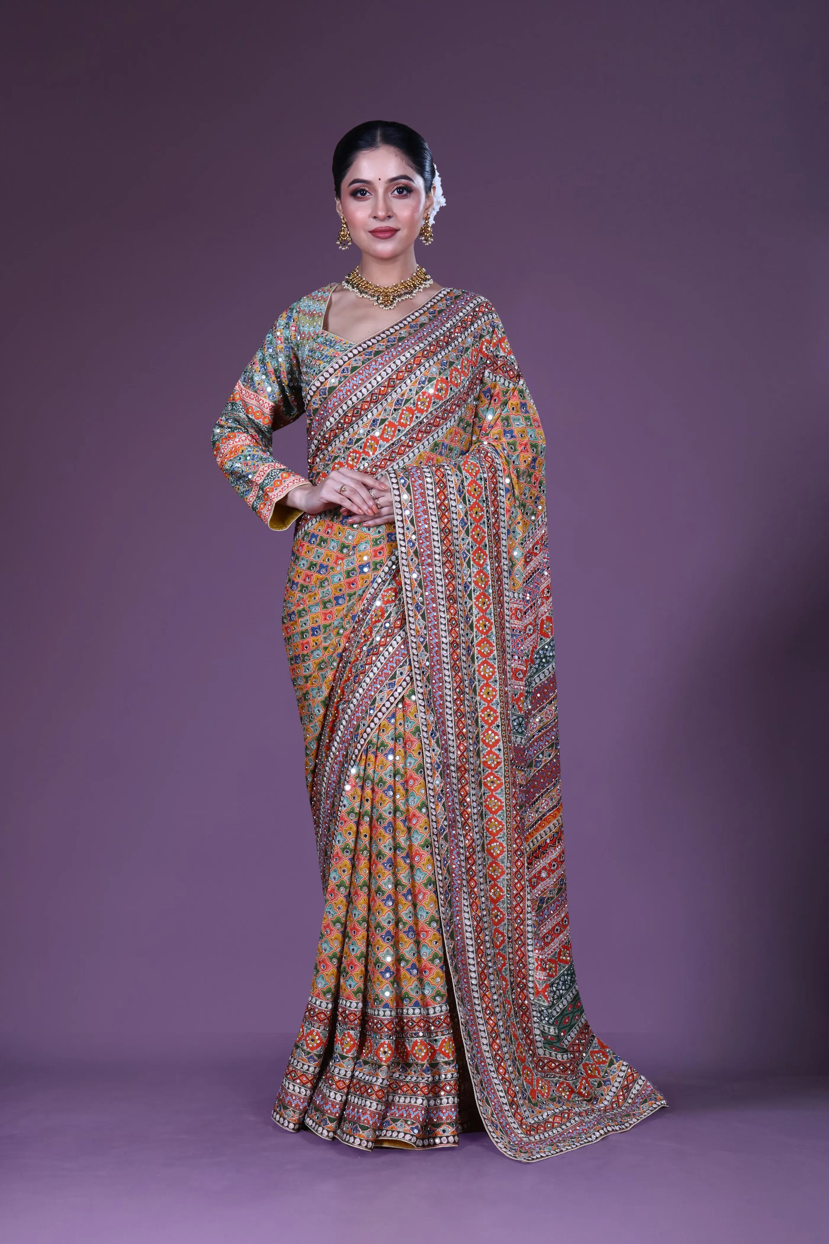 Yellow Multicolor Chiffon Saree With Blouse Piece