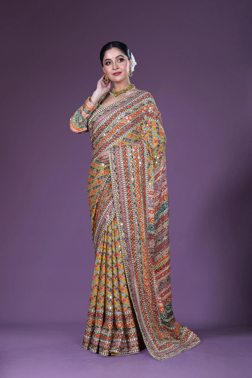 Yellow Multicolor Chiffon Saree With Blouse Piece