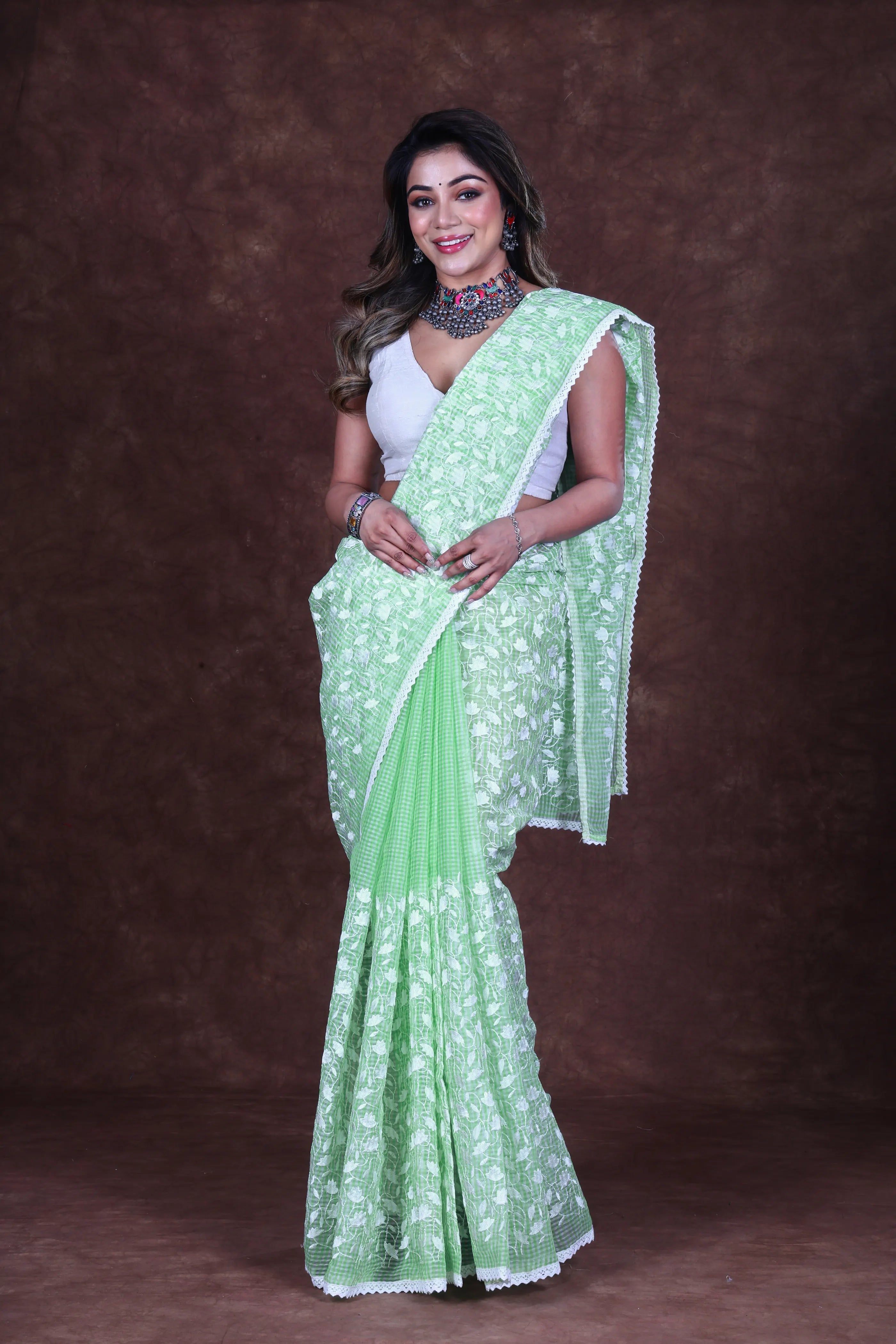 Light Green Cotton Resham Check Saree With Blouse Piece