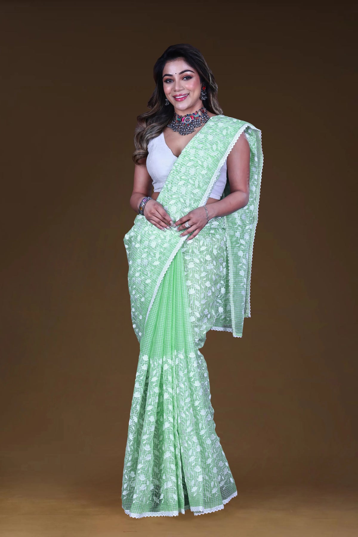 Light Green Cotton Resham Check Saree With Blouse Piece