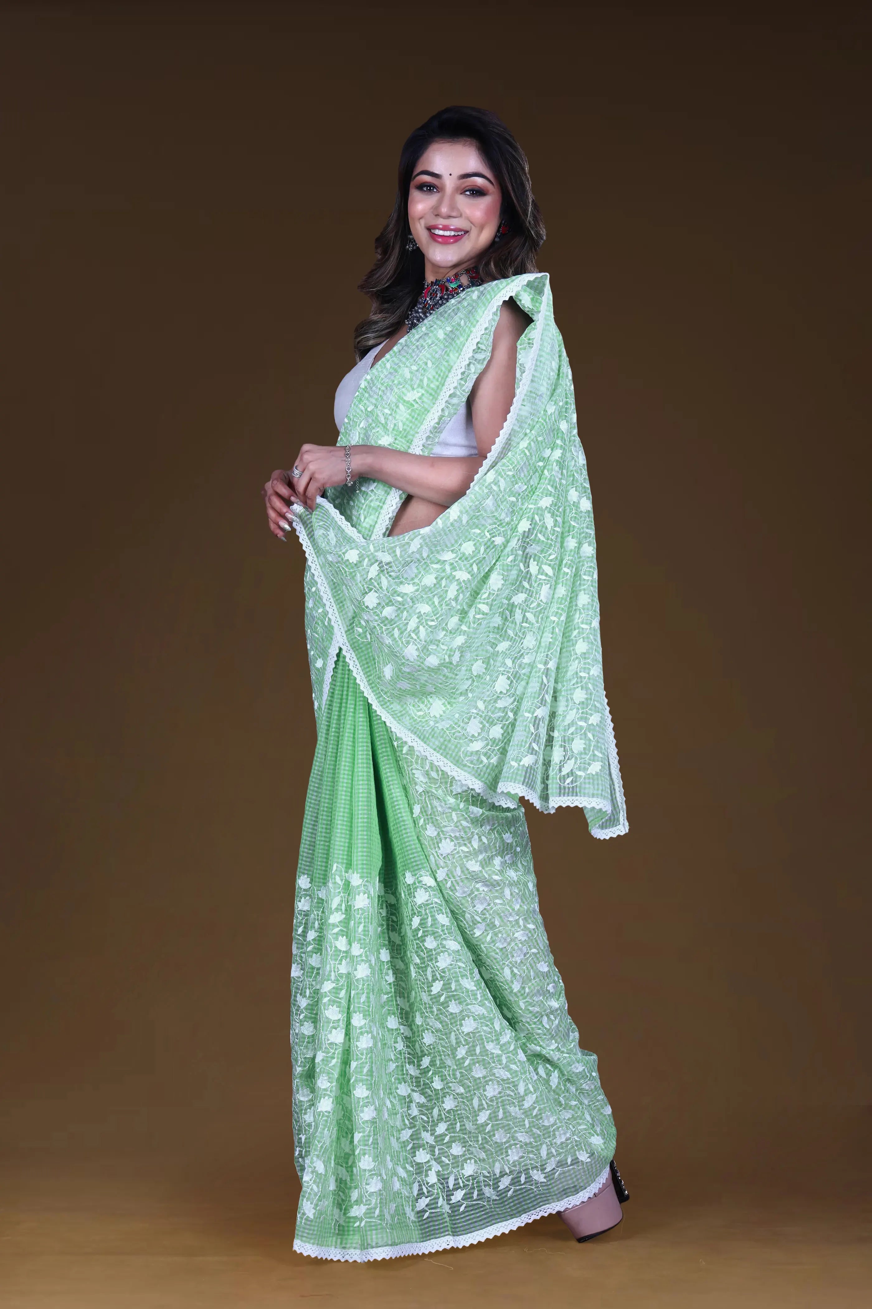 Light Green Cotton Resham Check Saree With Blouse Piece