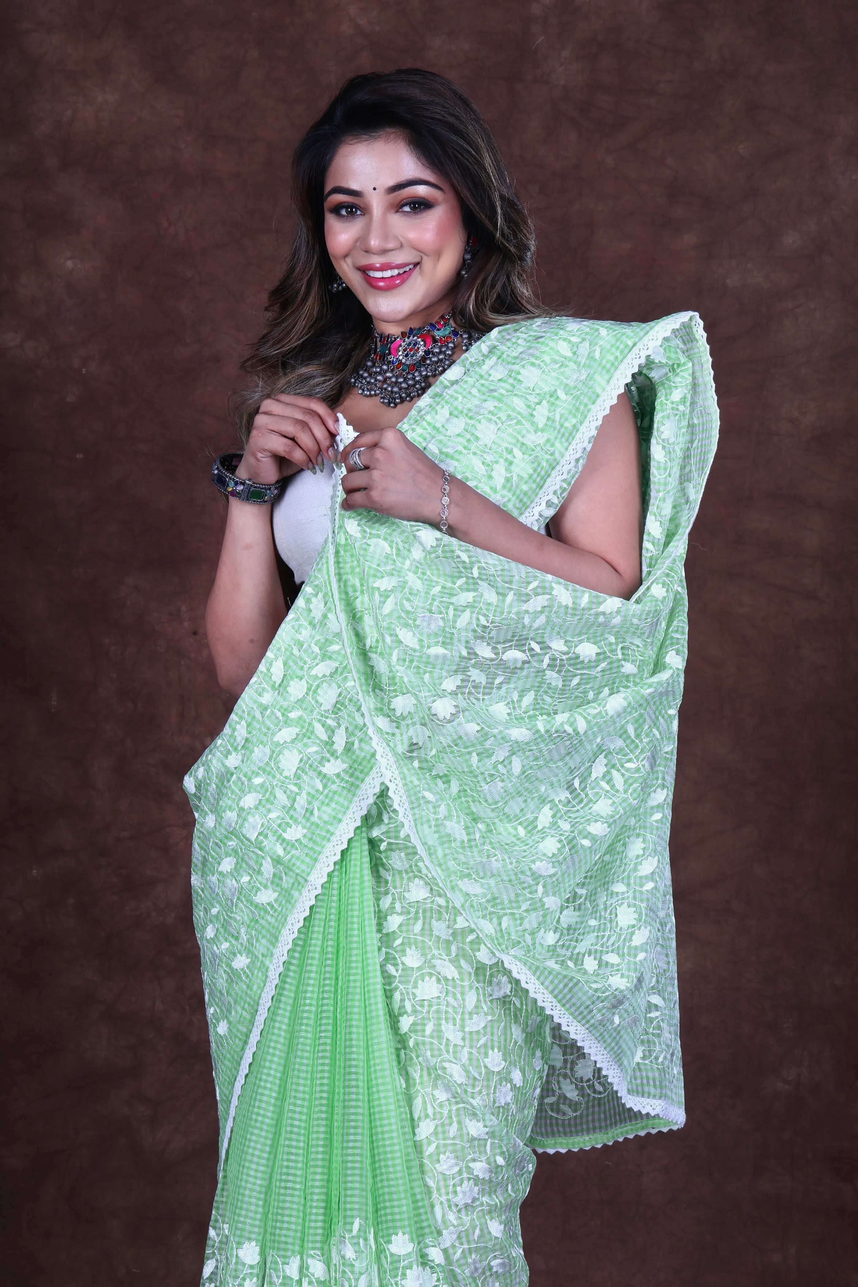 Light Green Cotton Resham Check Saree With Blouse Piece