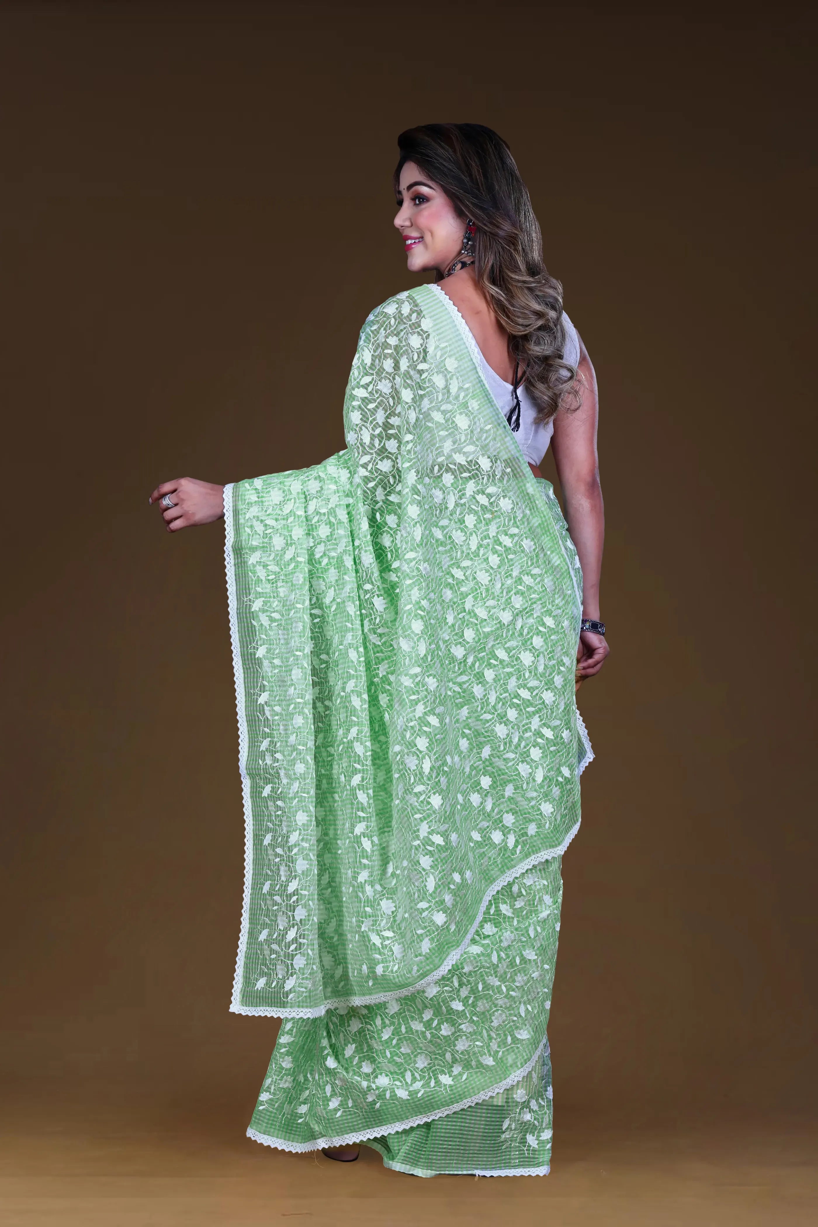 Light Green Cotton Resham Check Saree With Blouse Piece