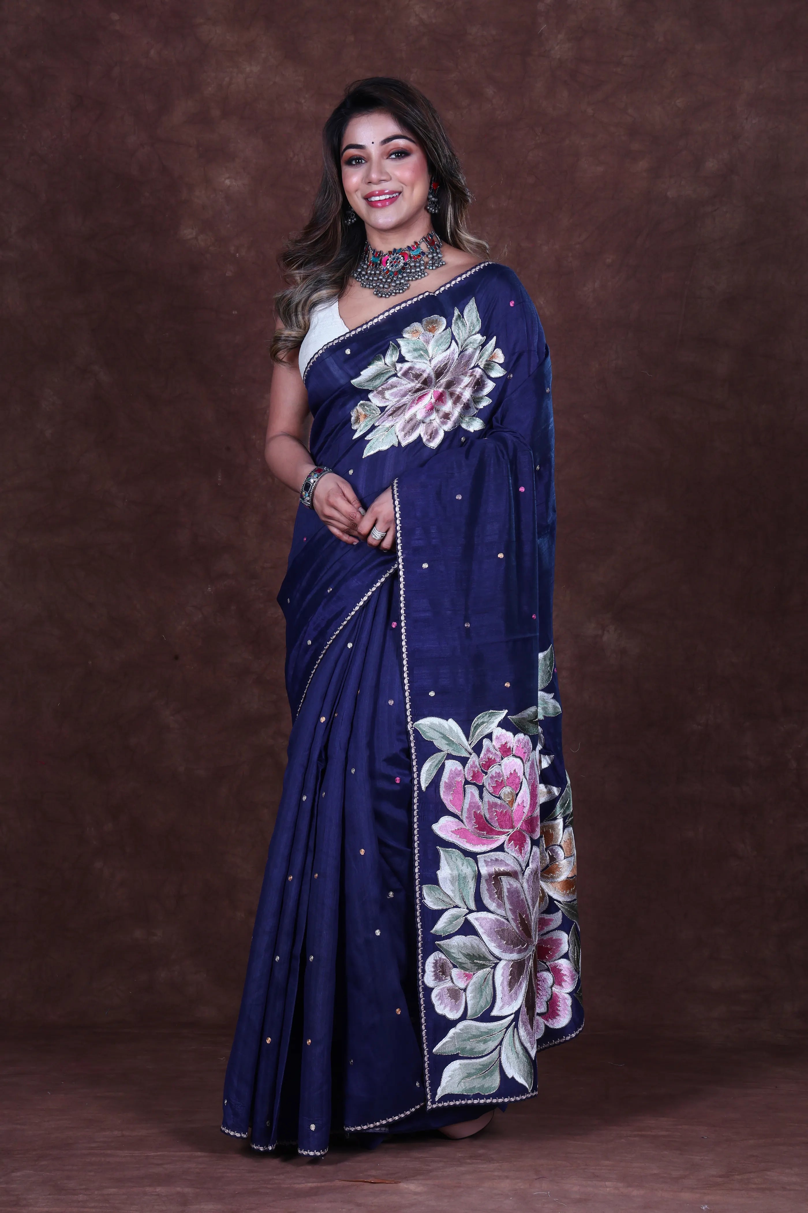 Blue Semi Tussar Saree With Blouse Piece