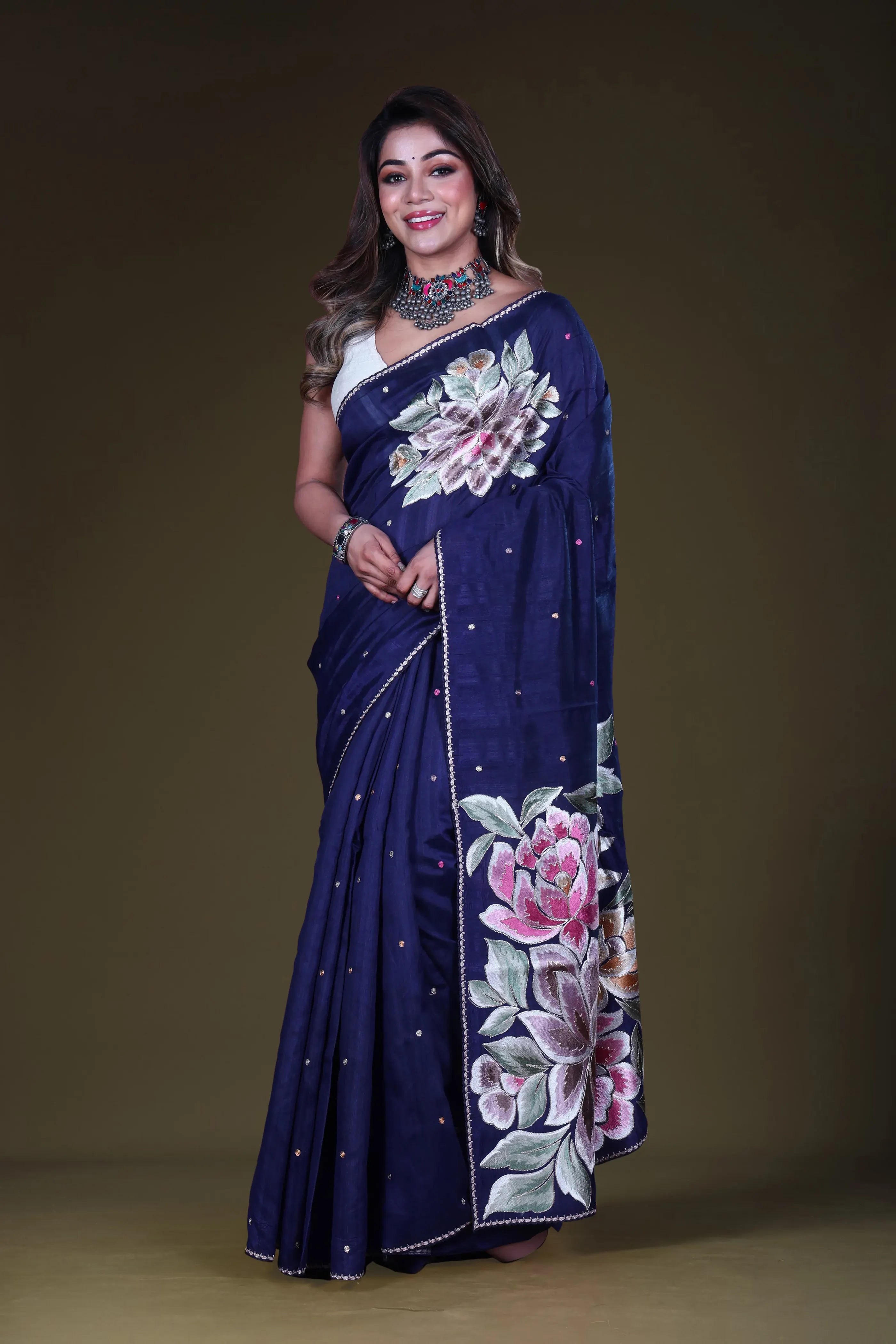 Blue Semi Tussar Saree With Blouse Piece