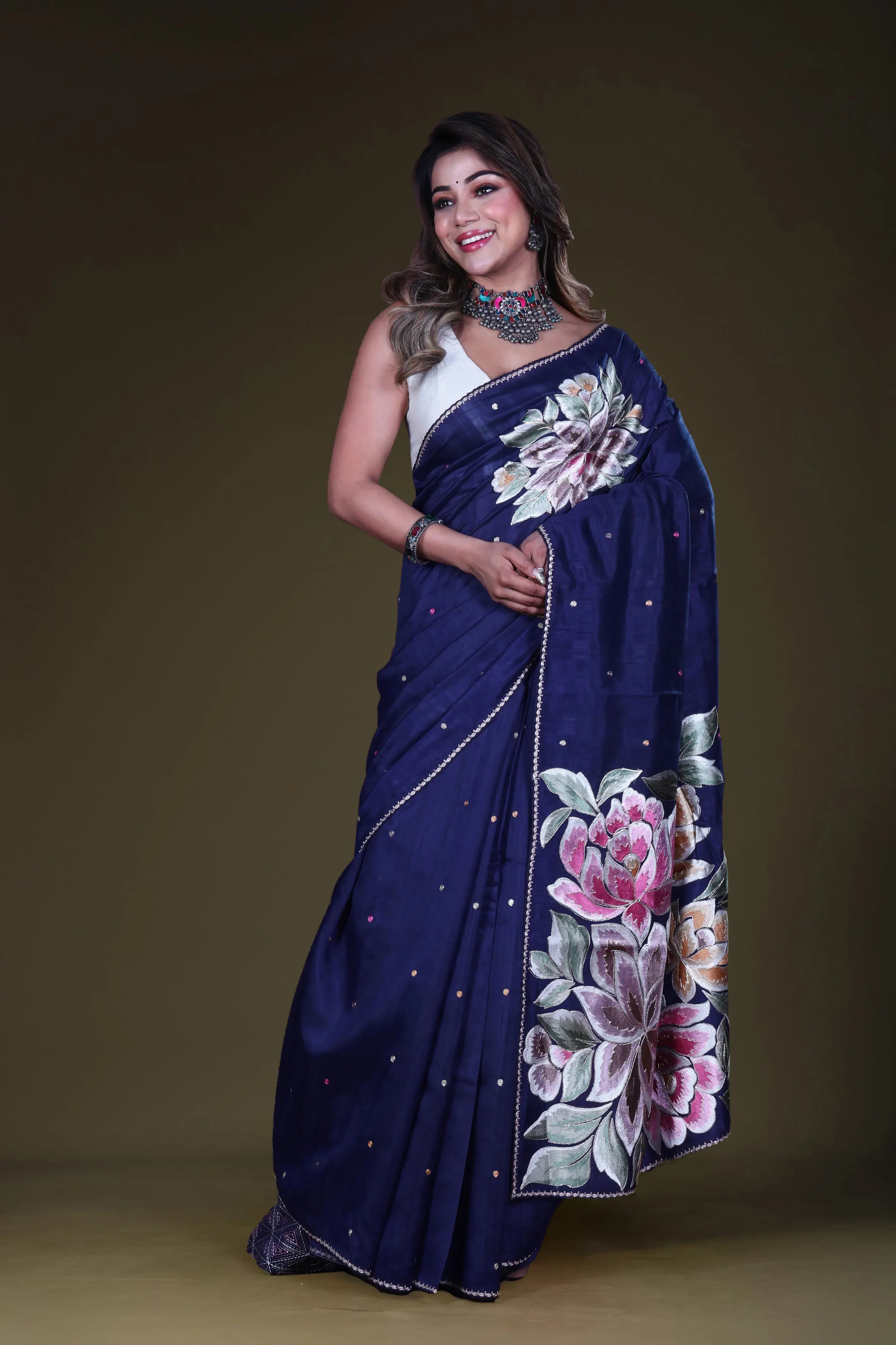 Blue Semi Tussar Saree With Blouse Piece