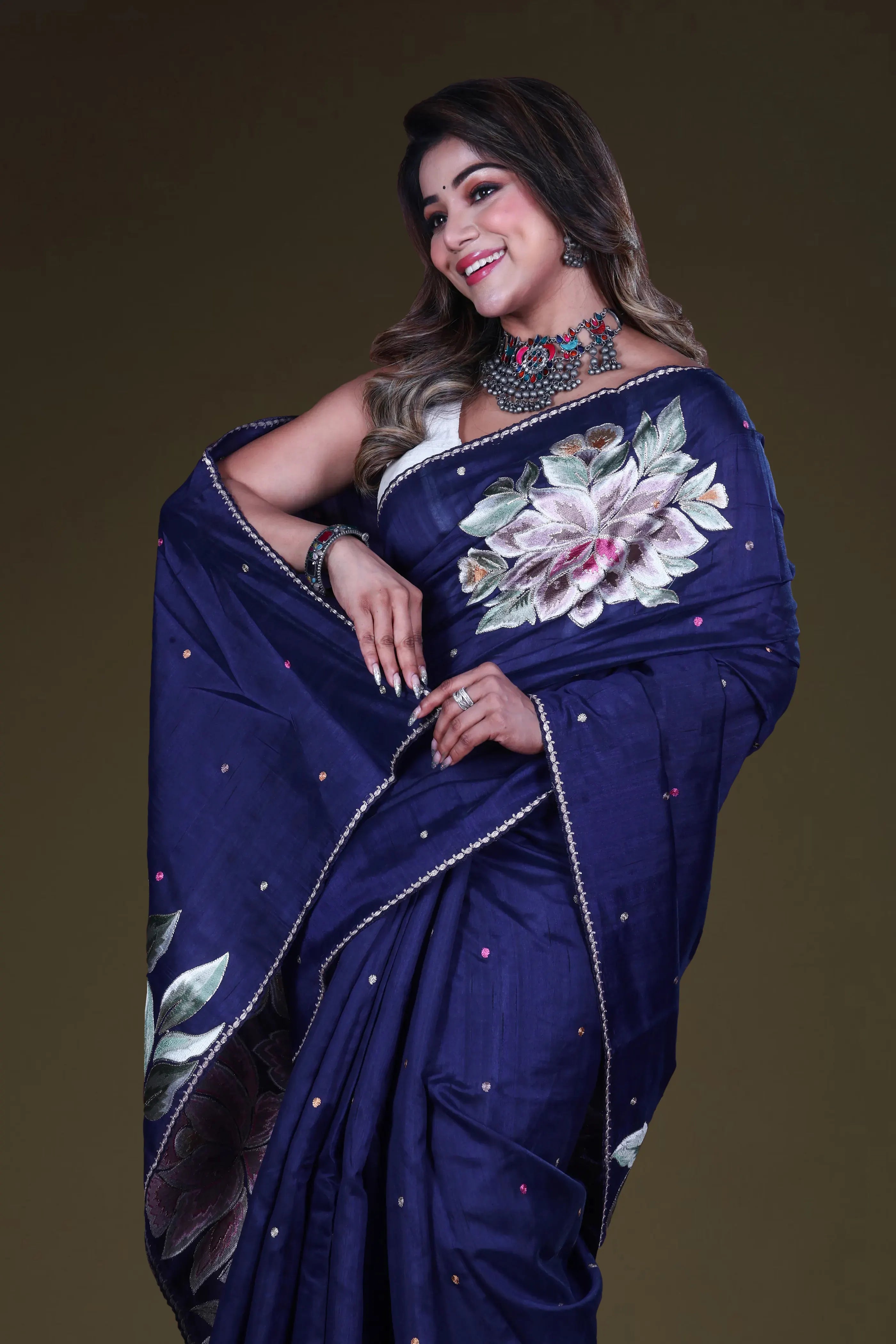Blue Semi Tussar Saree With Blouse Piece