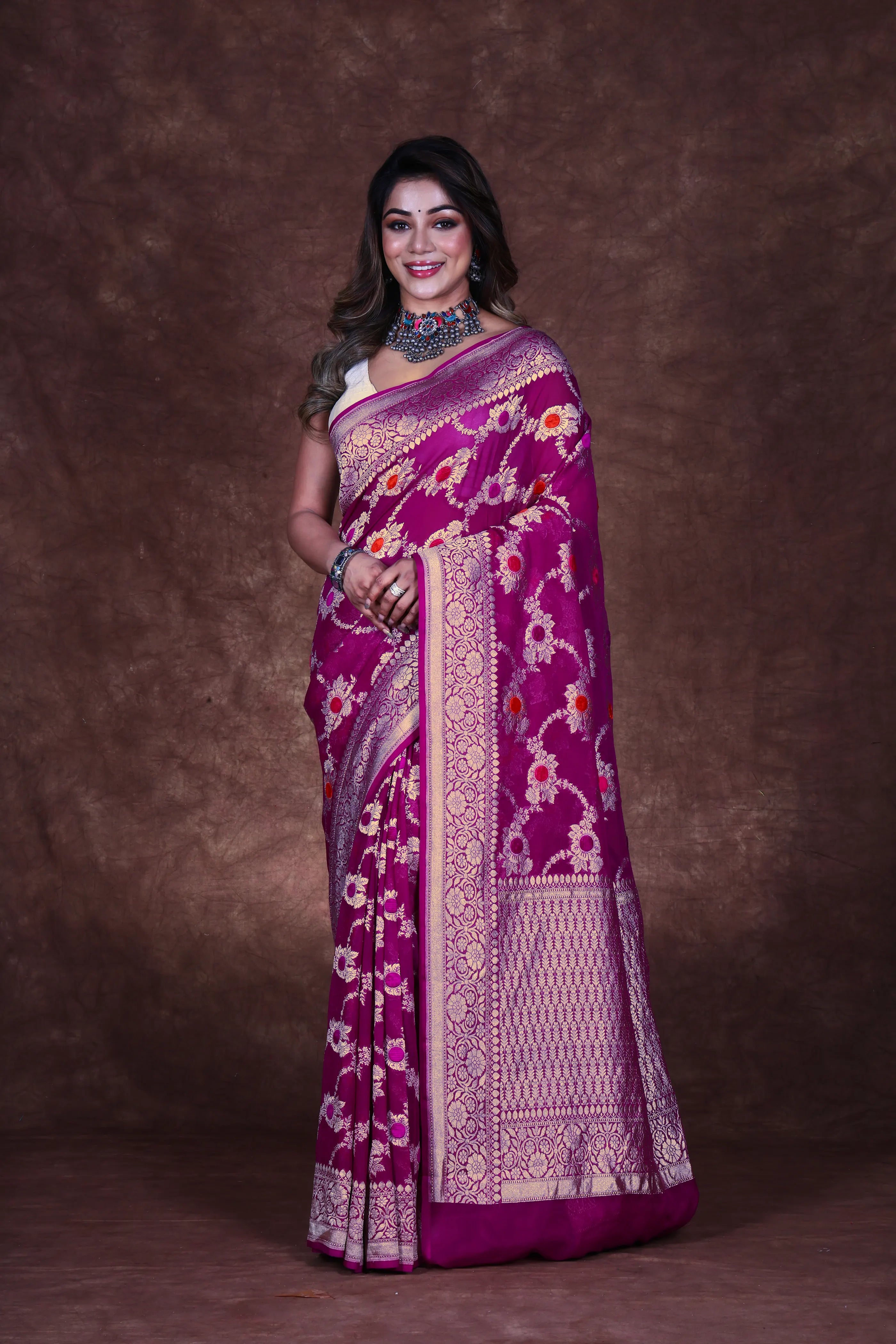 Purple Georgette Banarasi Saree With Blouse Piece