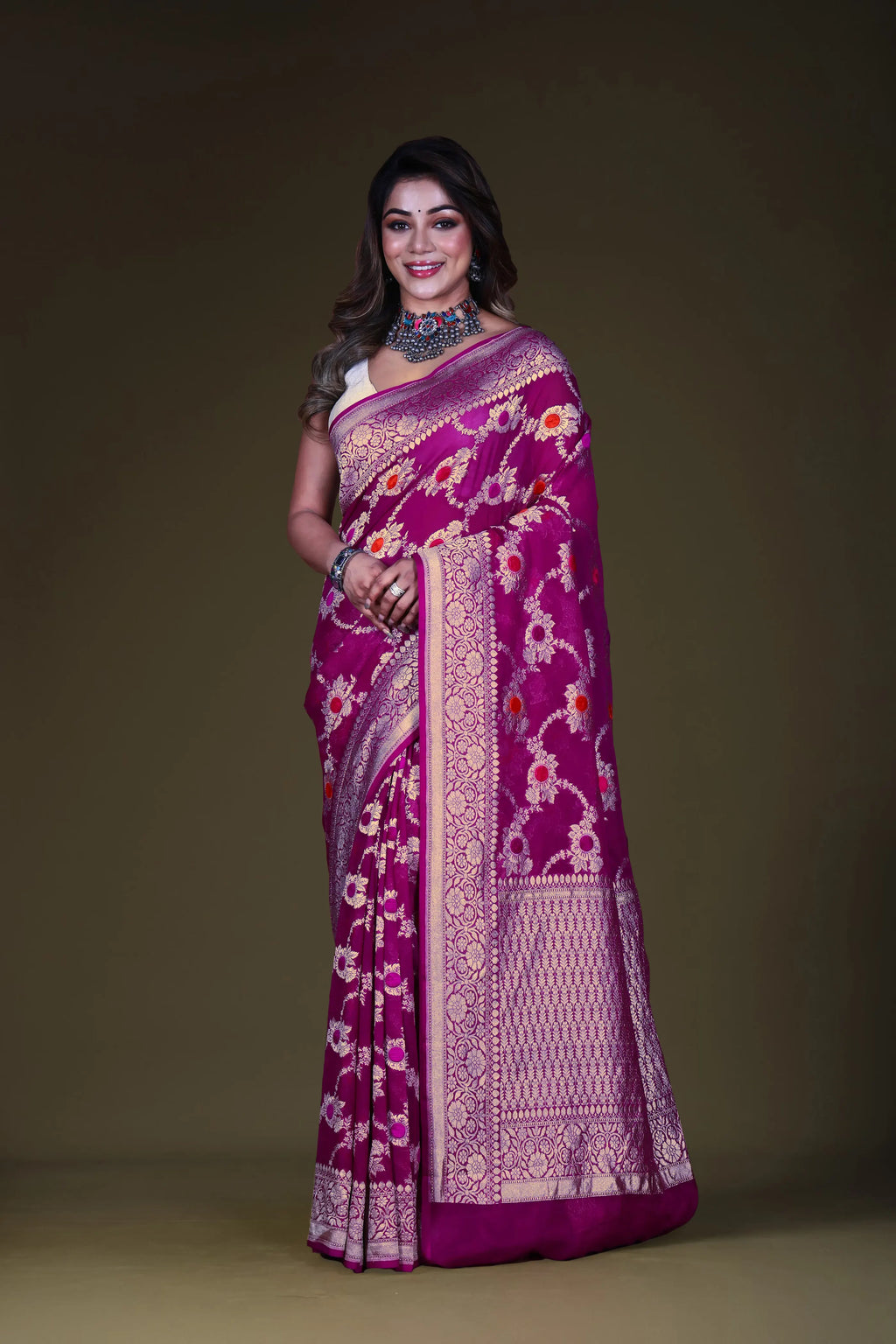 Purple Georgette Banarasi Saree With Blouse Piece