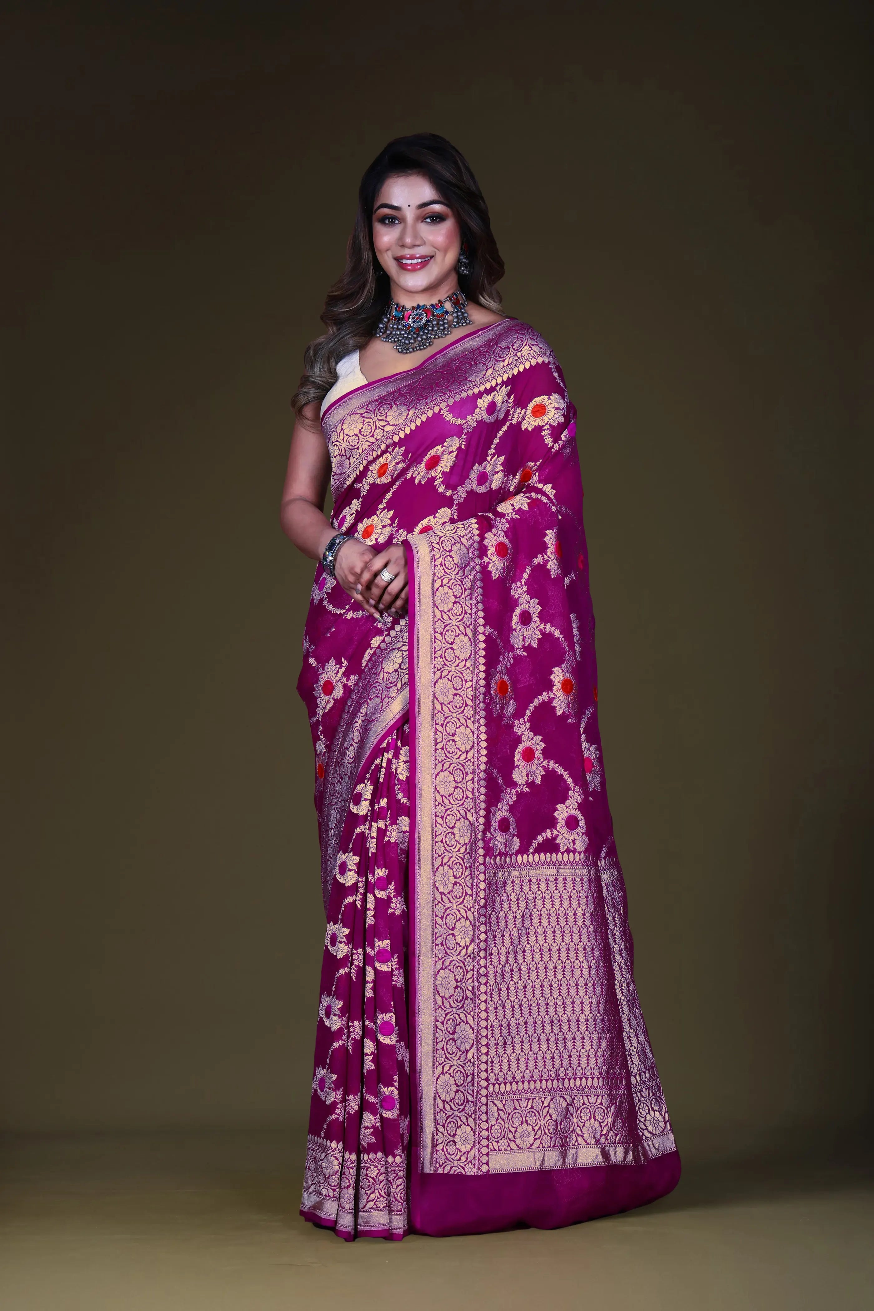 Purple Georgette Banarasi Saree With Blouse Piece