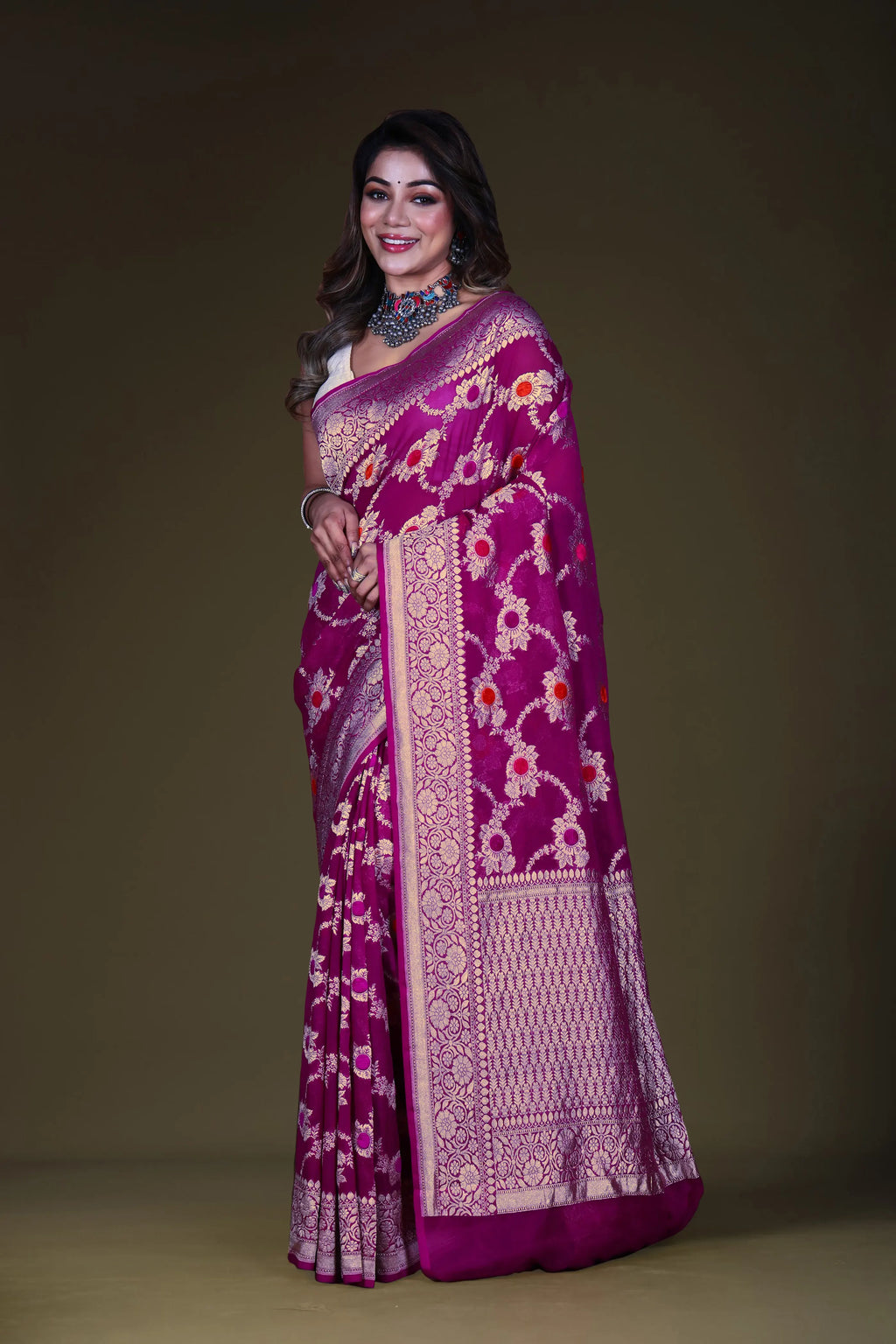 Purple Georgette Banarasi Saree With Blouse Piece