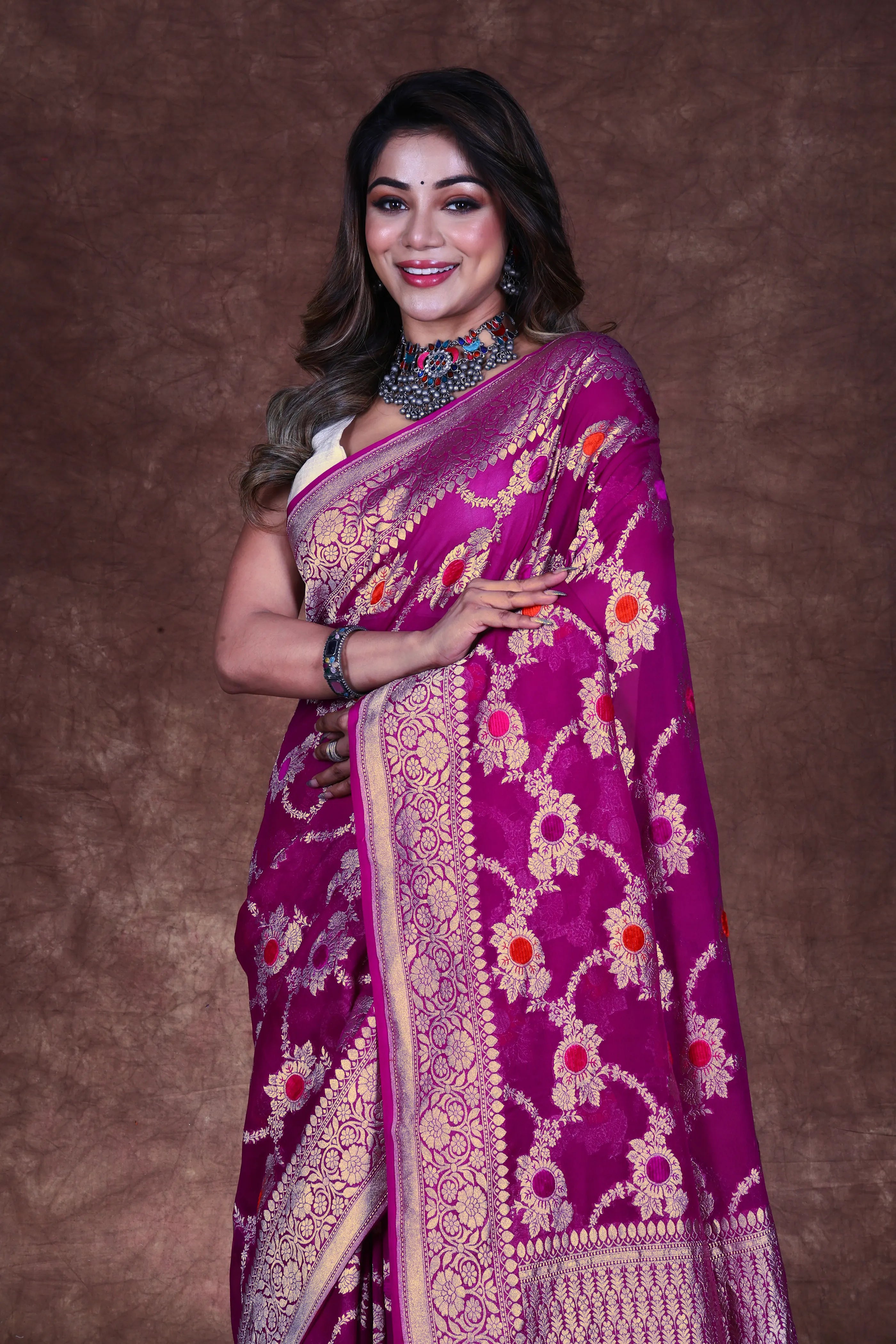 Purple Georgette Banarasi Saree With Blouse Piece