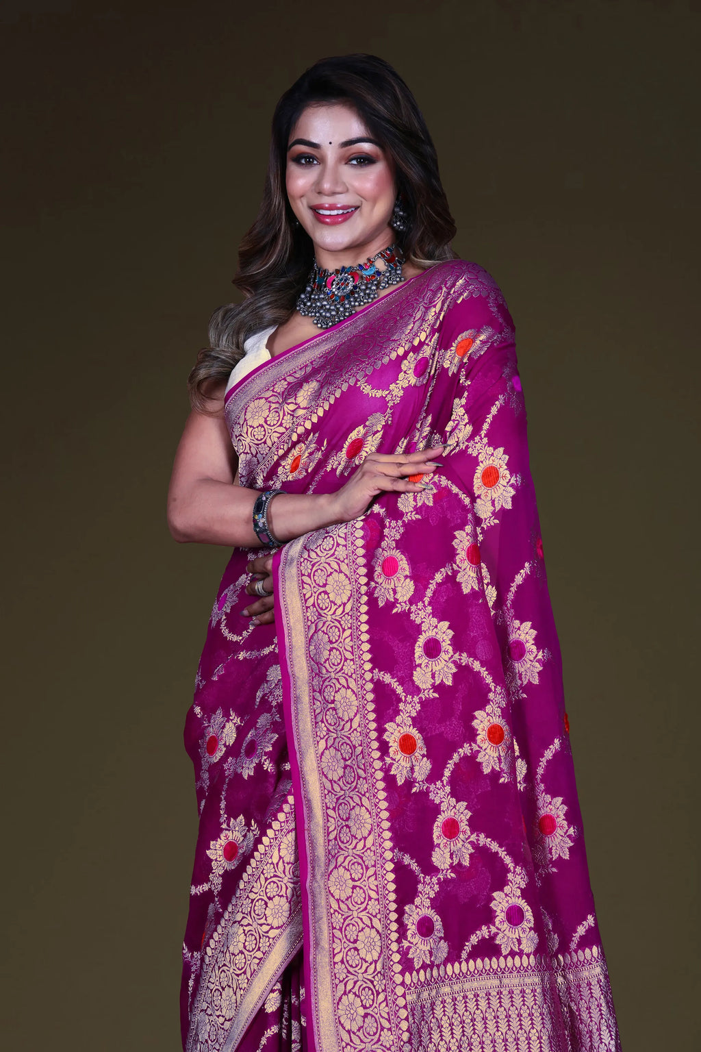 Purple Georgette Banarasi Saree With Blouse Piece
