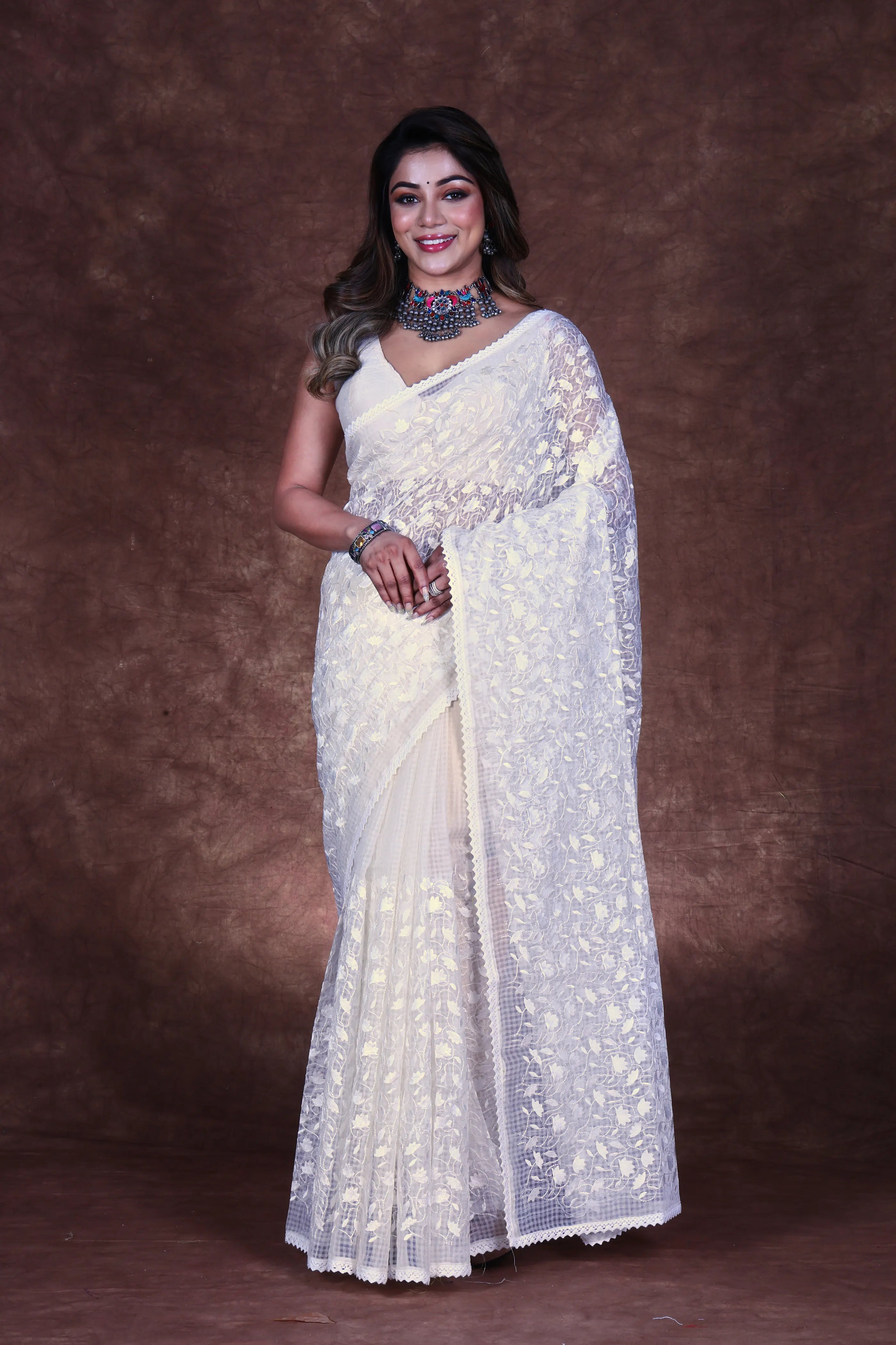 White Cotton Resham Check Saree With Blouse Piece