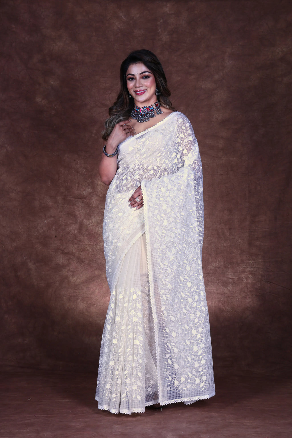 White Cotton Resham Check Saree With Blouse Piece