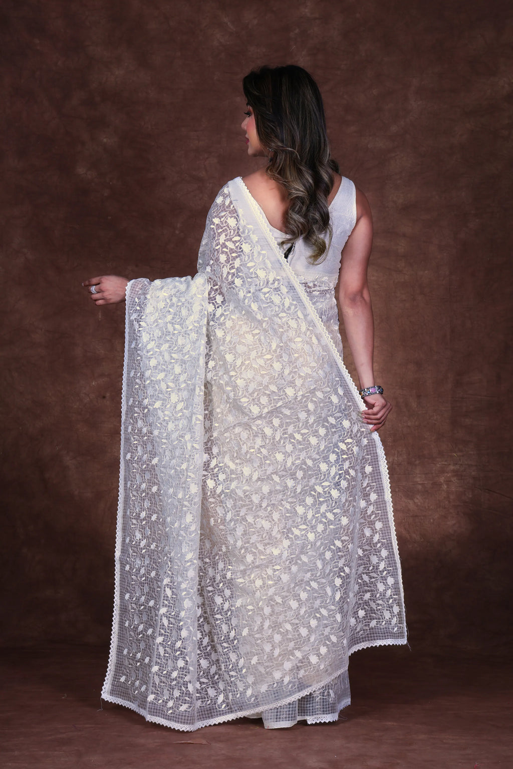 White Cotton Resham Check Saree With Blouse Piece