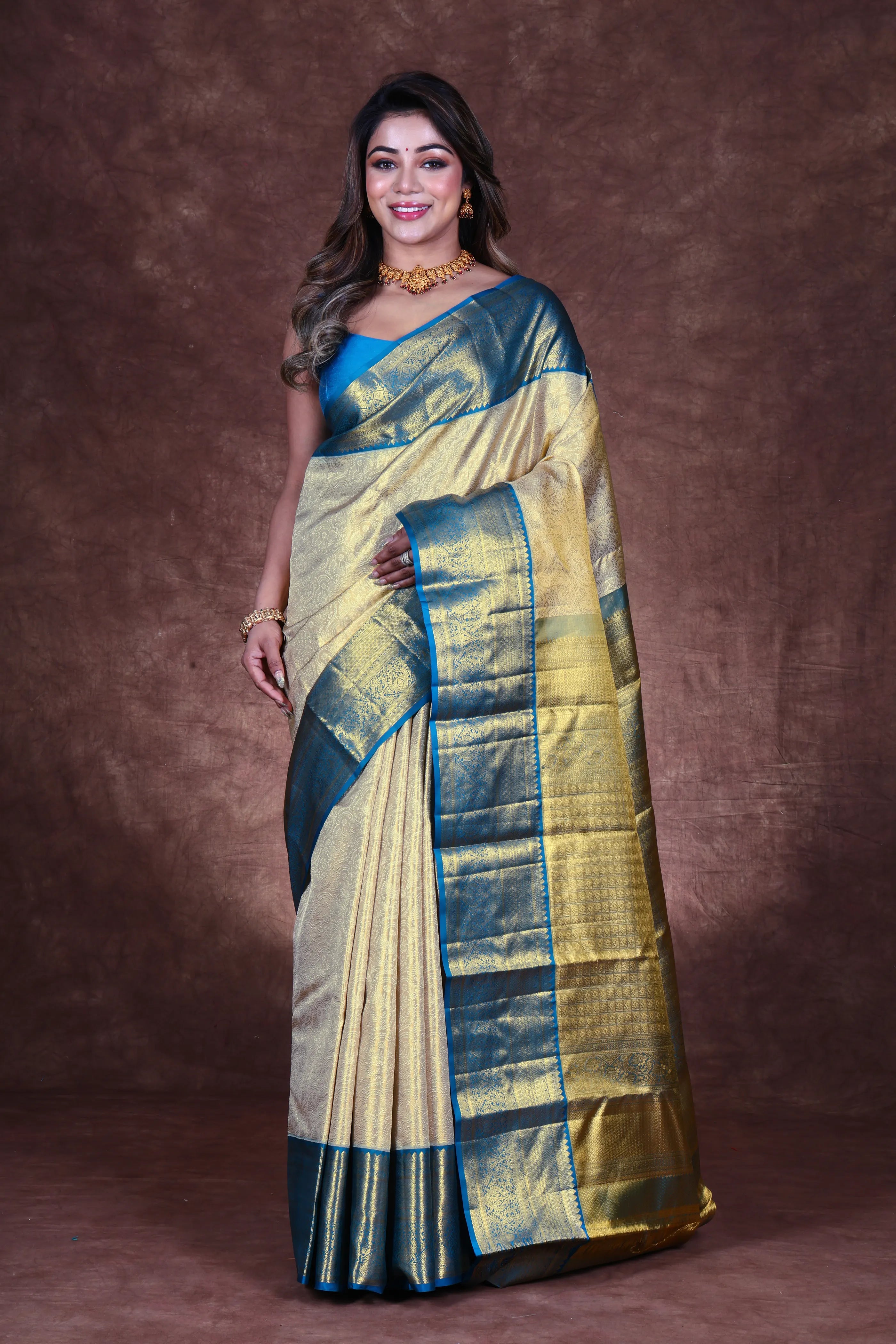 Gold & Rama Green Tissue Kanjivaram Saree With Blouse Piece