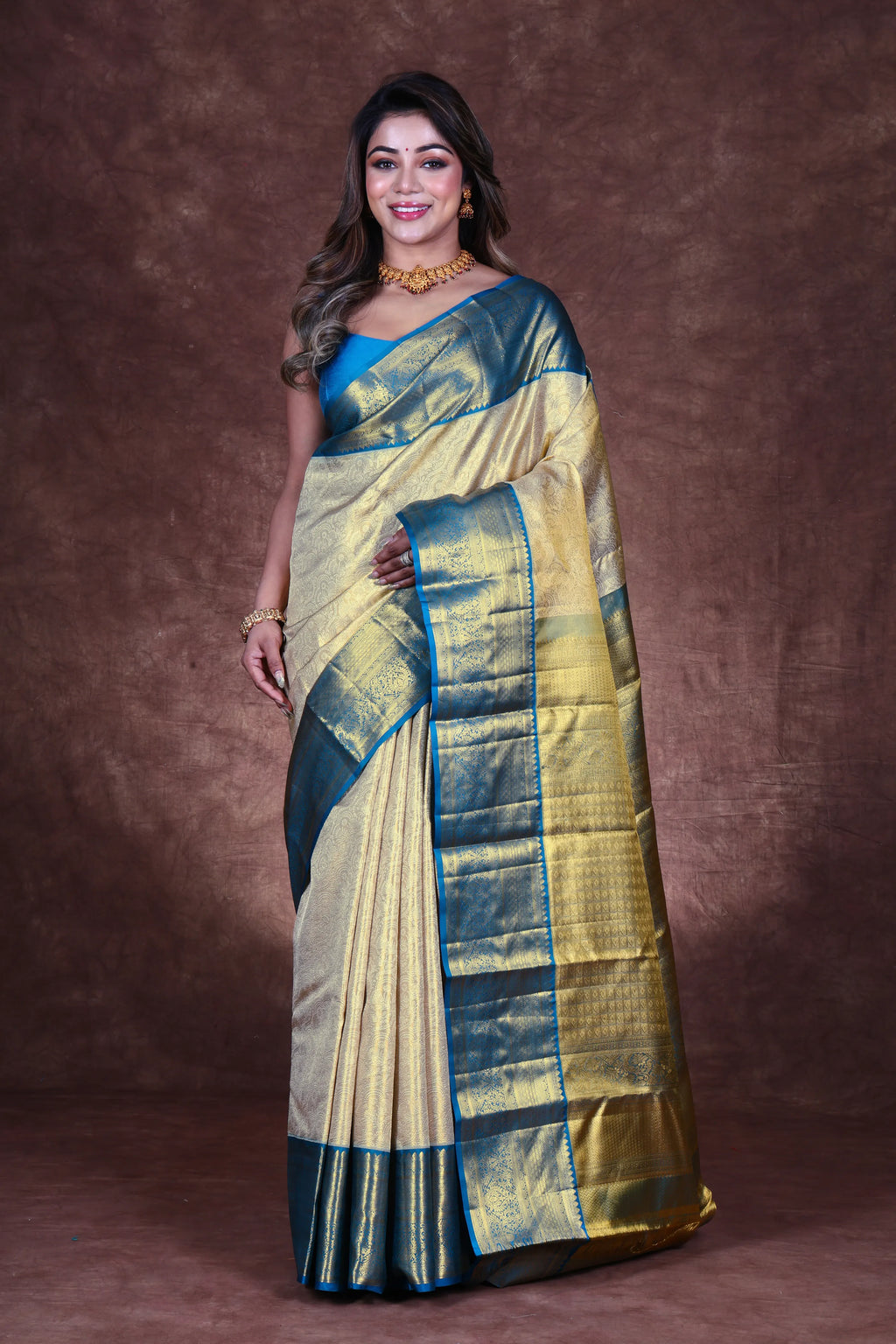 Gold & Rama Green Tissue Kanjivaram Saree With Blouse Piece