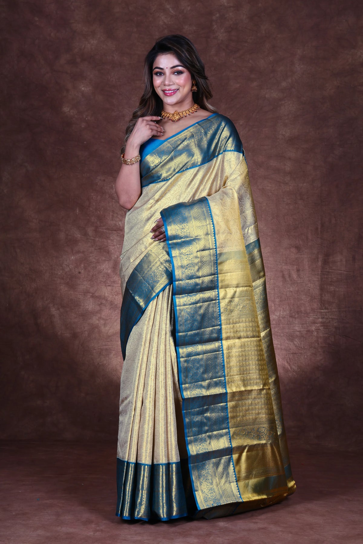 Gold & Rama Green Tissue Kanjivaram Saree With Blouse Piece