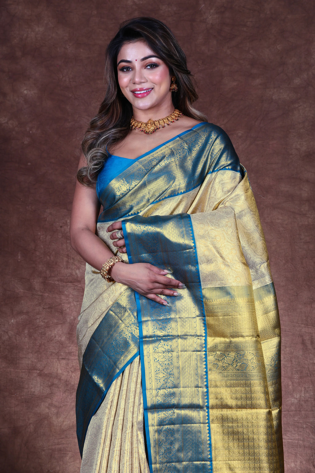 Gold & Rama Green Tissue Kanjivaram Saree With Blouse Piece