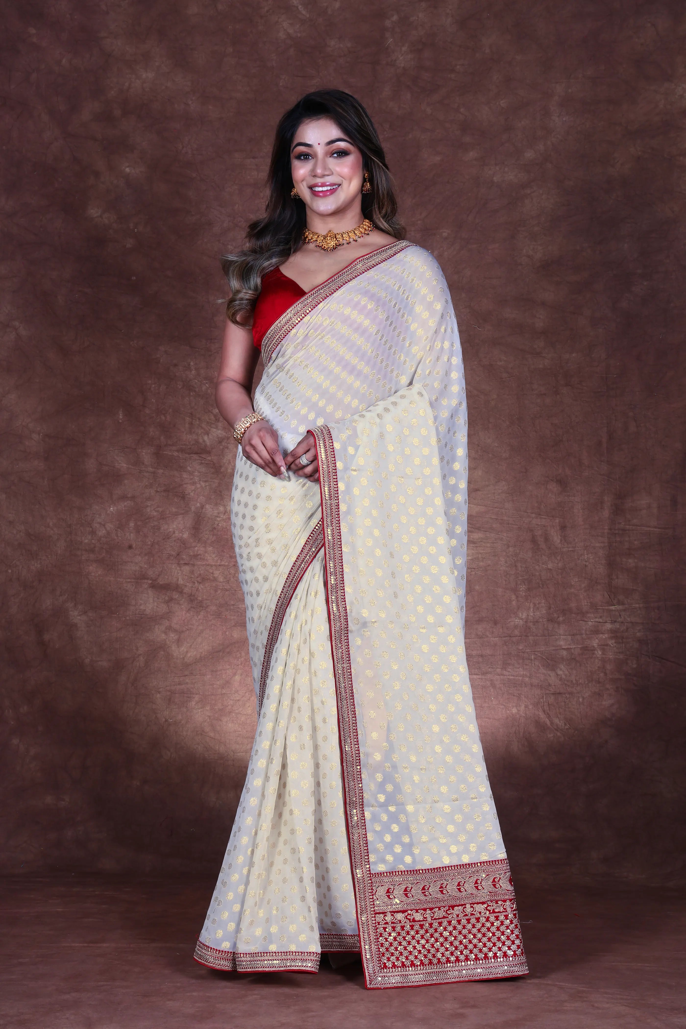 White & Red Semi Chiffon Saree With Blouse Piece