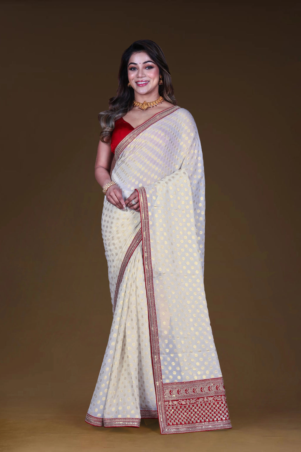 White & Red Semi Chiffon Banarasi With Blouse Piece
