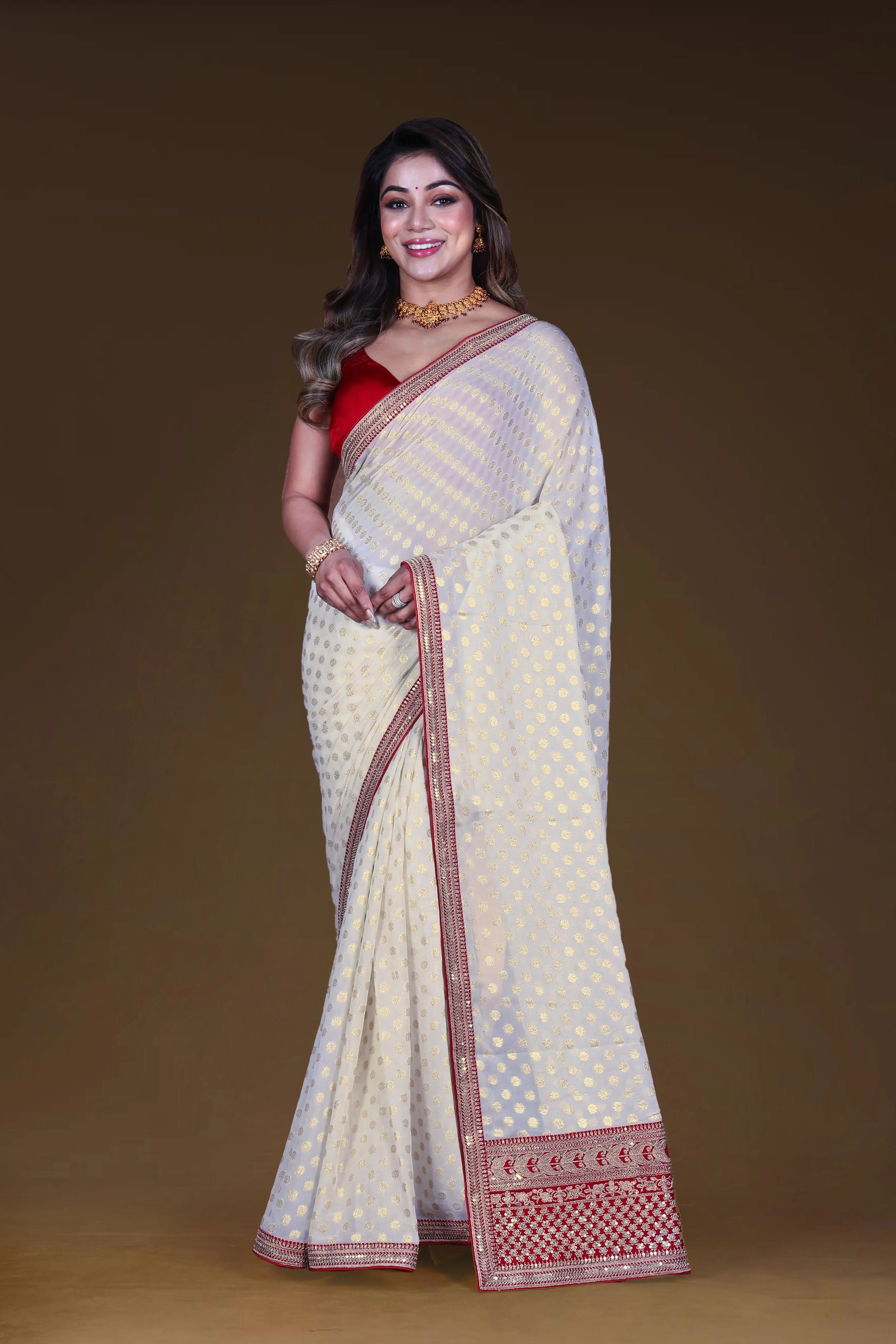 White & Red Semi Chiffon Banarasi With Blouse Piece