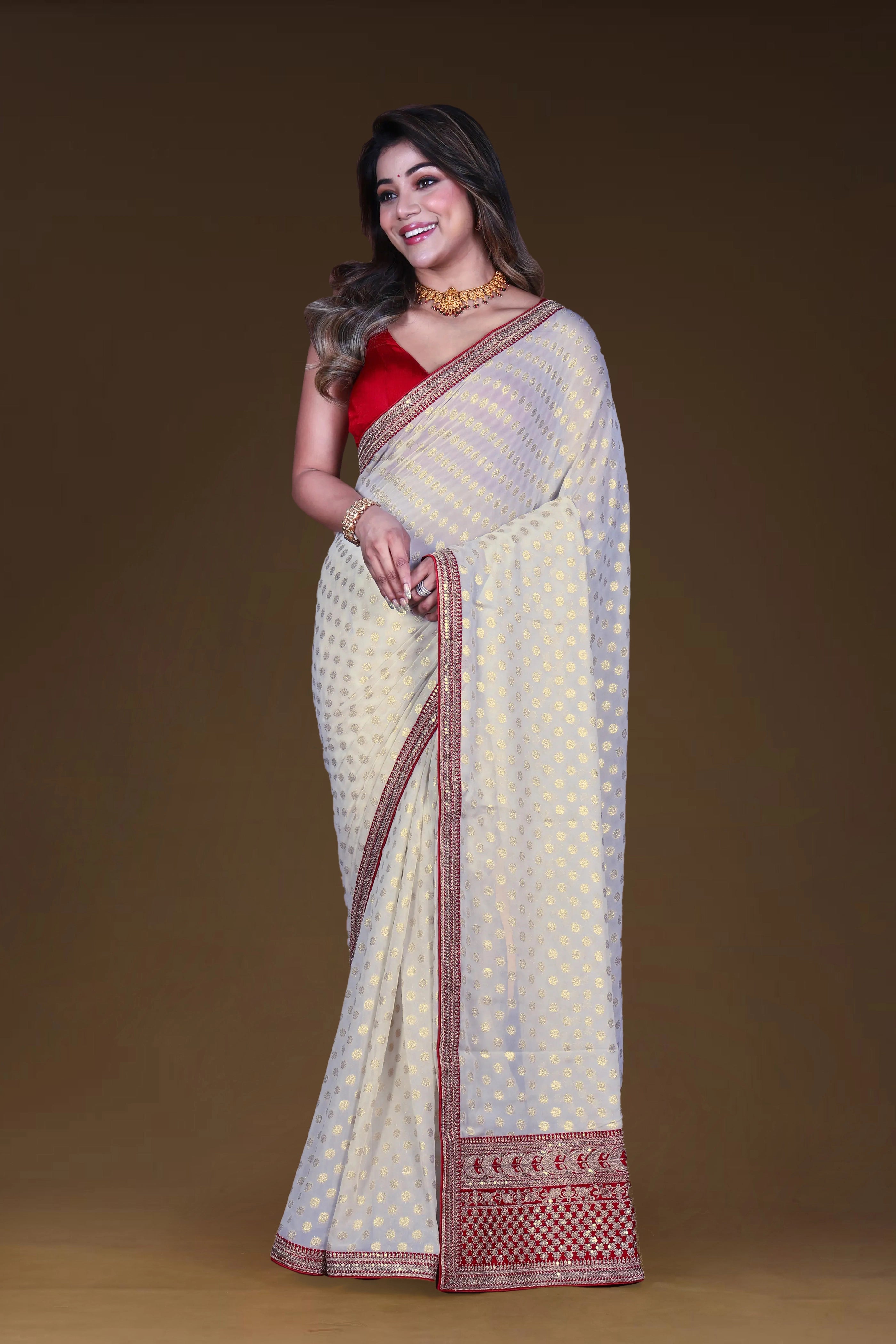 White & Red Semi Chiffon Banarasi With Blouse Piece