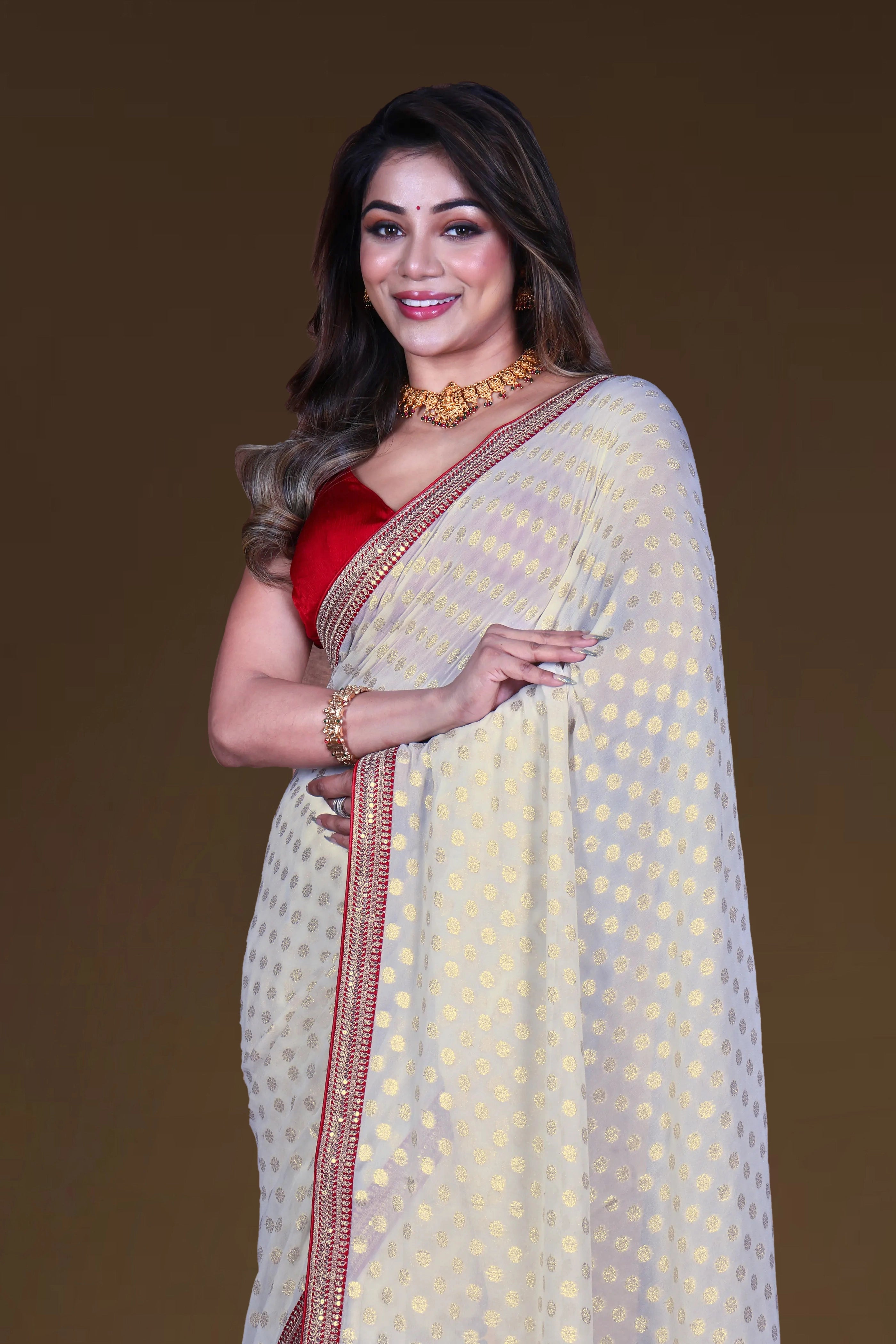 White & Red Semi Chiffon Banarasi With Blouse Piece
